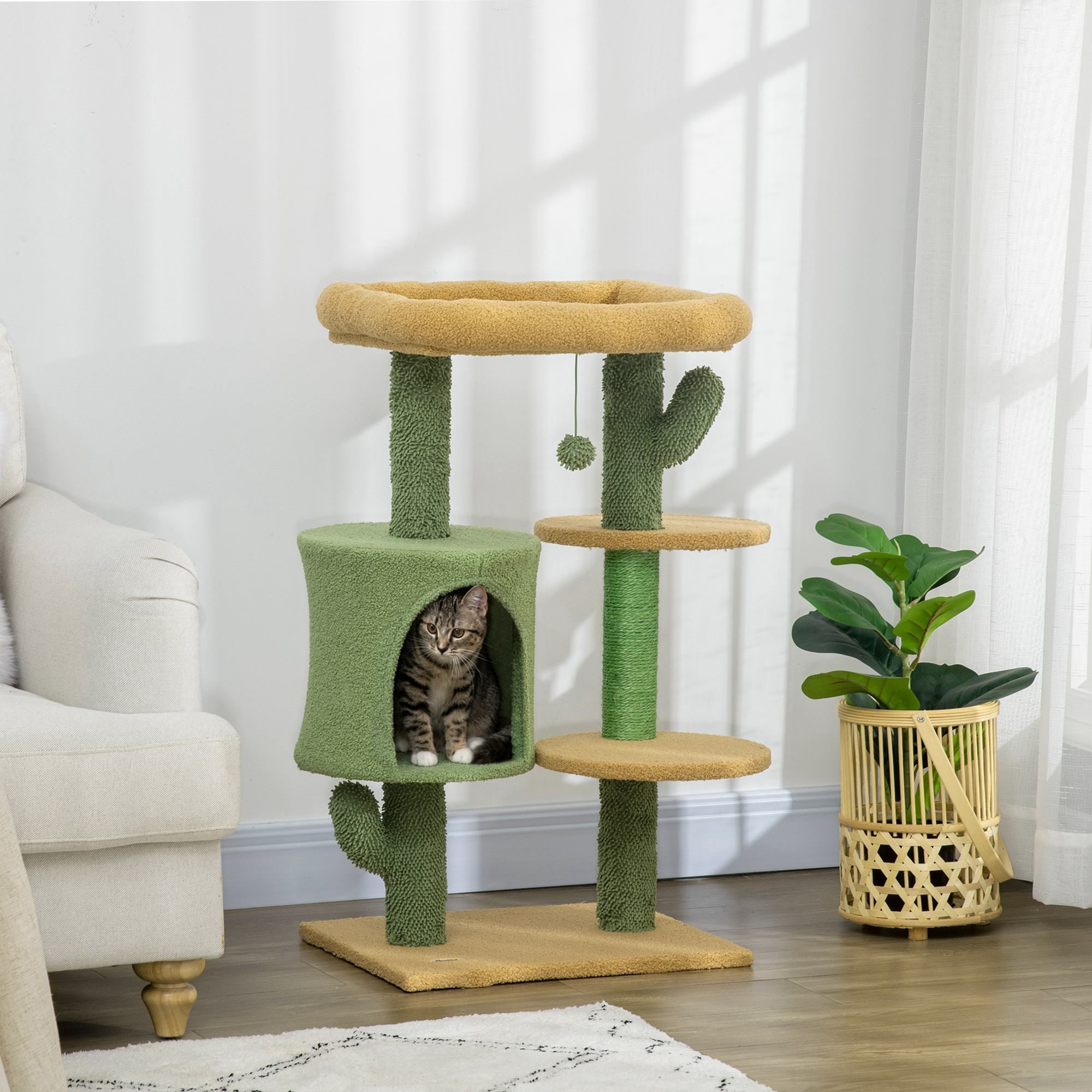 PawHut Cactus Cat Tree 90cm Cat Climbing Tower Kitten Activity Centre w/ Cat House, Bed, Scratching Posts and Hanging Toy Ball - Green