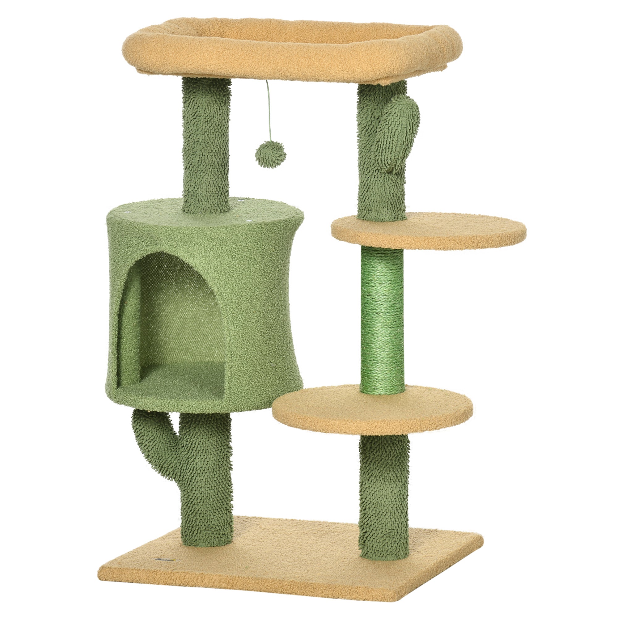 PawHut Cactus Cat Tree 90cm Cat Climbing Tower Kitten Activity Centre w/ Cat House, Bed, Scratching Posts and Hanging Toy Ball - Green