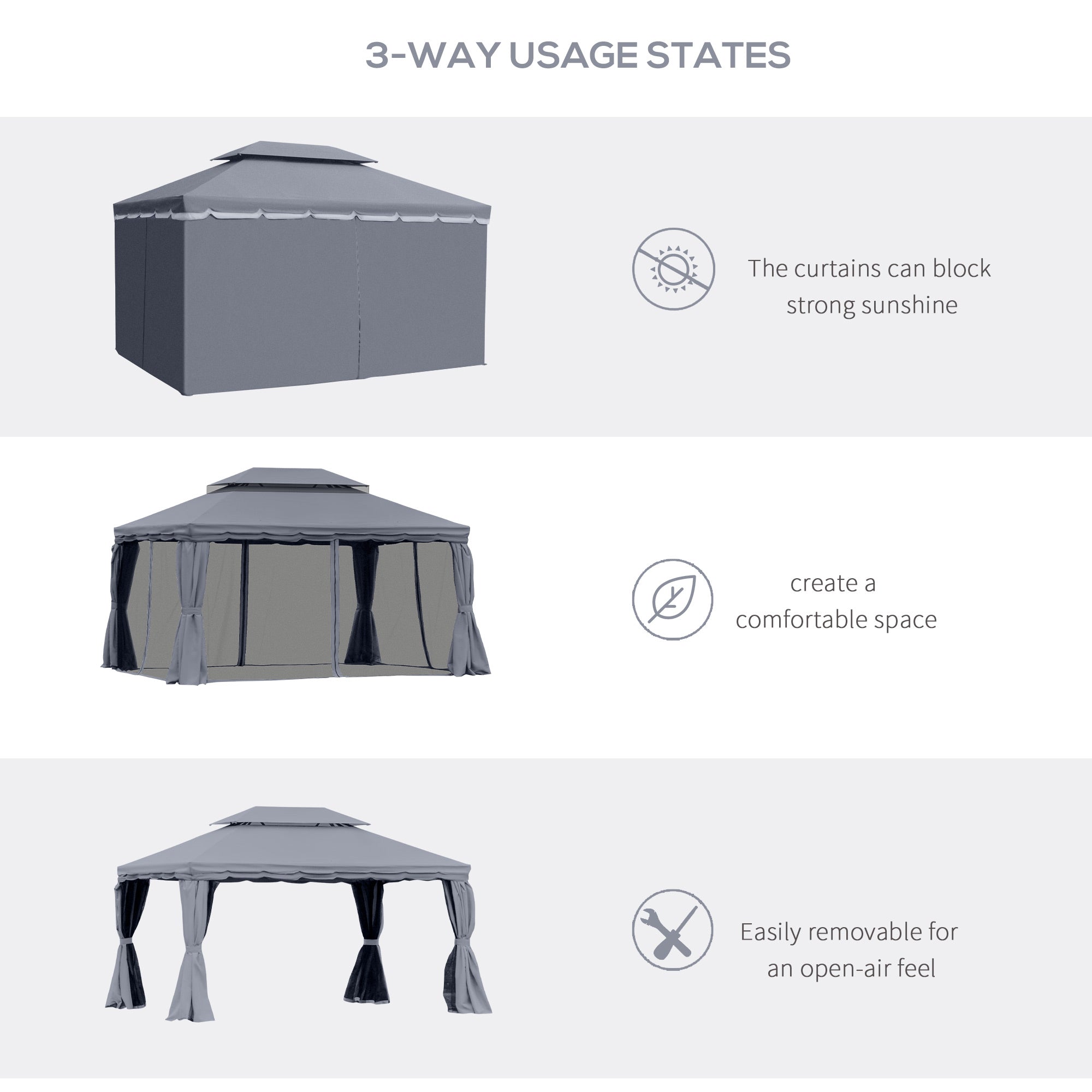 Outsunny 13' x 10' Patio Gazebo, Double Roof Outdoor Gazebo Canopy Shelter with Netting & Curtains, Strong Aluminum Frame, Dark Grey