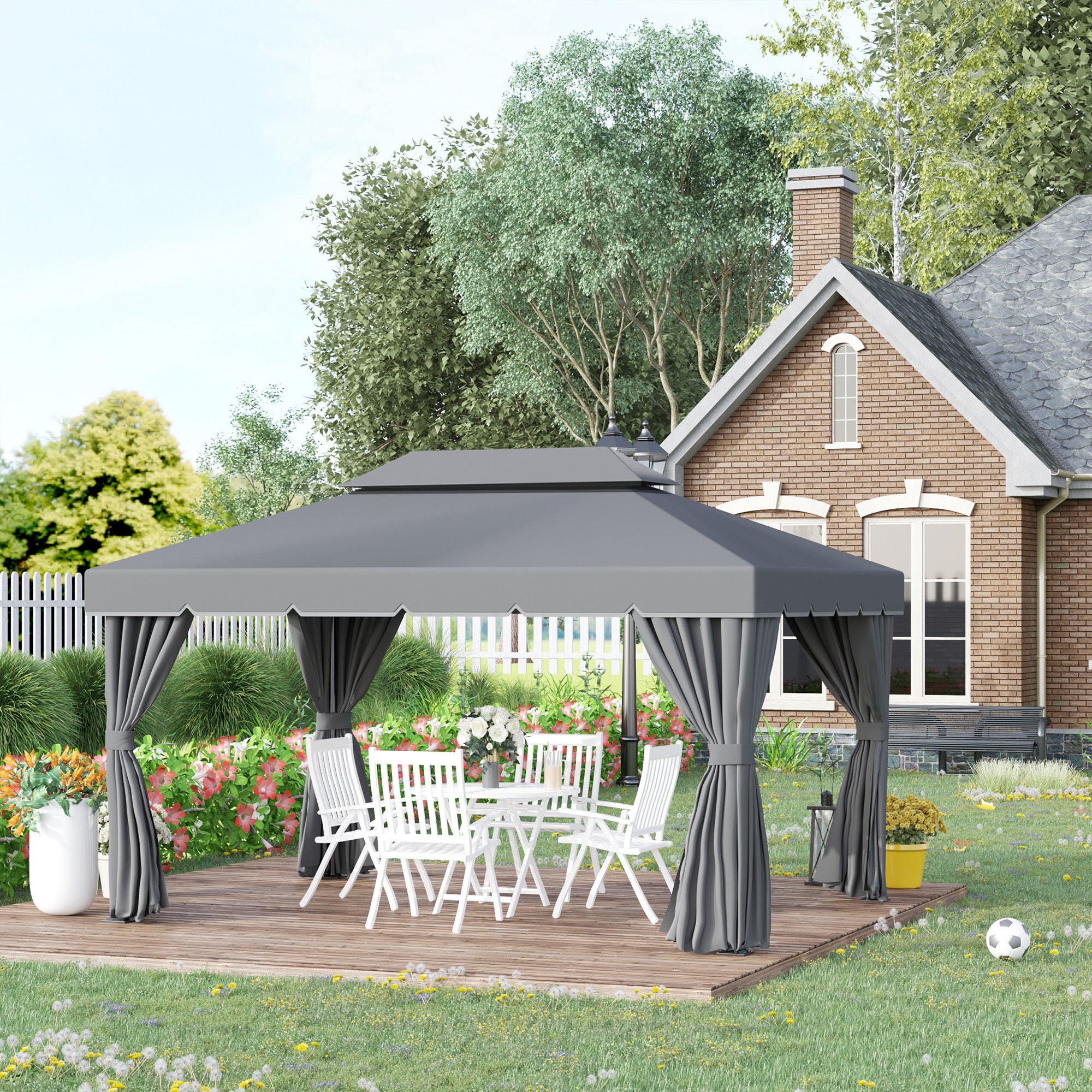Outsunny 13' x 10' Patio Gazebo, Double Roof Outdoor Gazebo Canopy Shelter with Netting & Curtains, Strong Aluminum Frame, Dark Grey