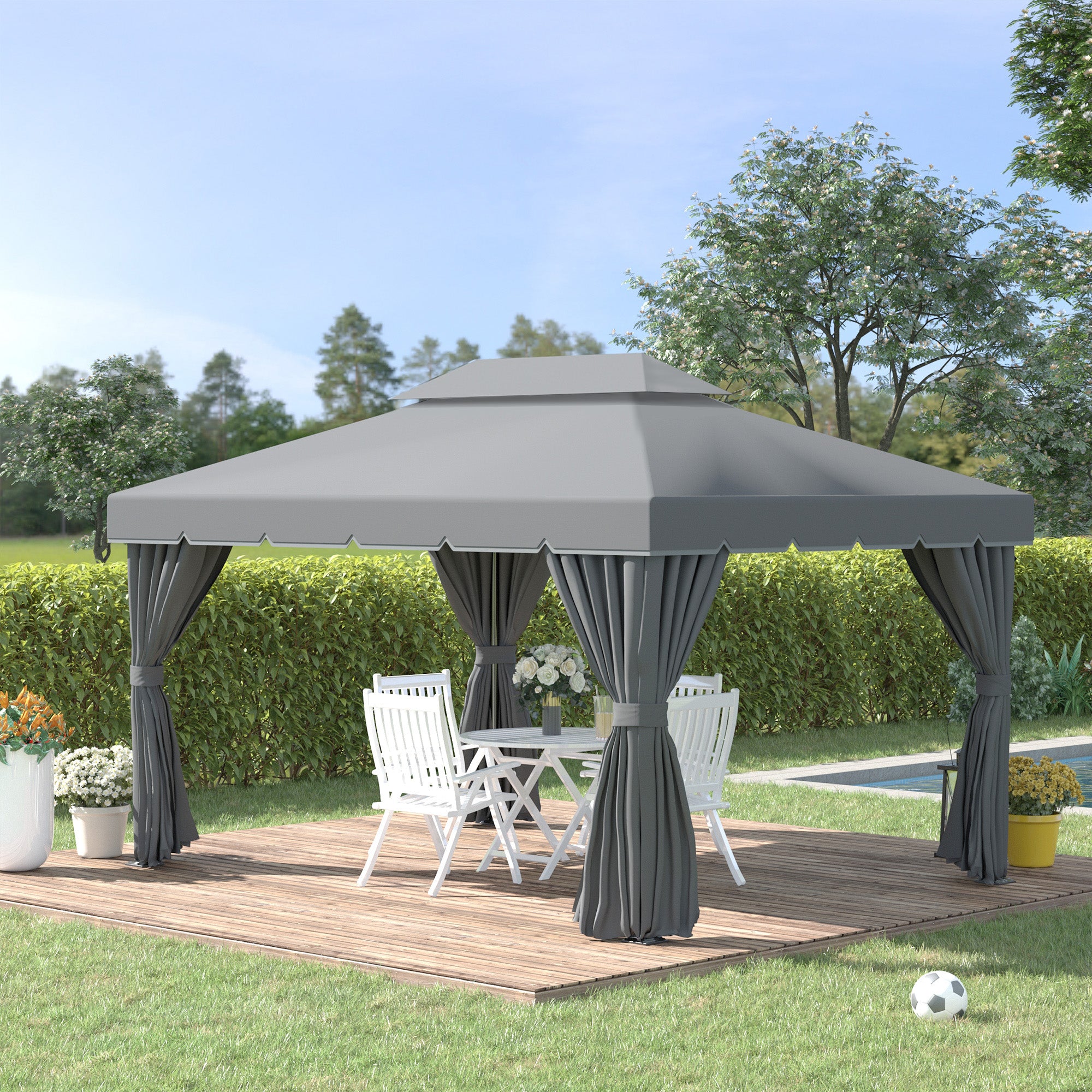 Outsunny 13' x 10' Patio Gazebo, Double Roof Outdoor Gazebo Canopy Shelter with Netting & Curtains, Strong Aluminum Frame, Dark Grey