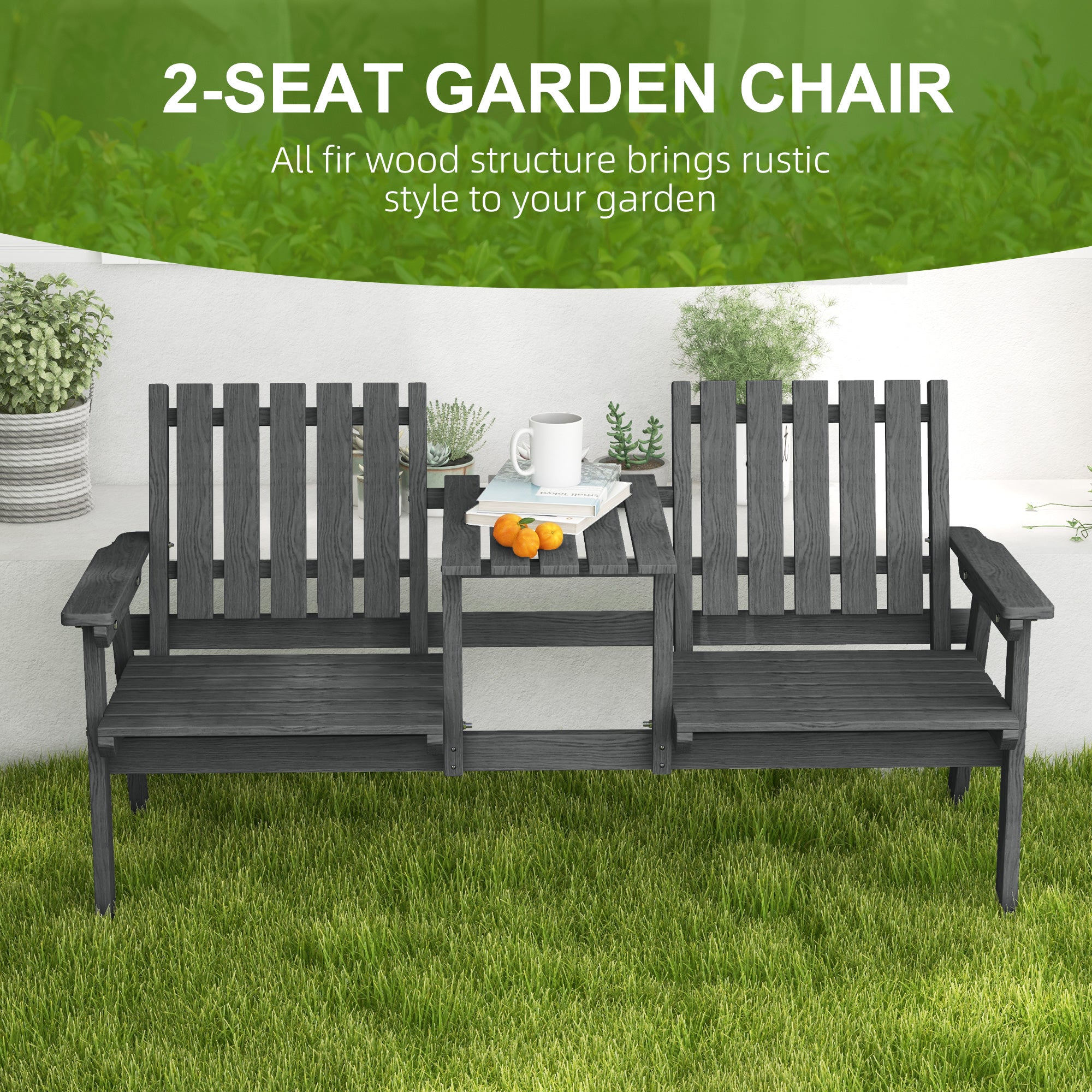 Outsunny 2-Seater Outdoor Wooden Bench with Middle Table and Umbrella Hole, Garden Bench for 2 Persons, Patio Loveseat with Slatted Seat and Back, Grey