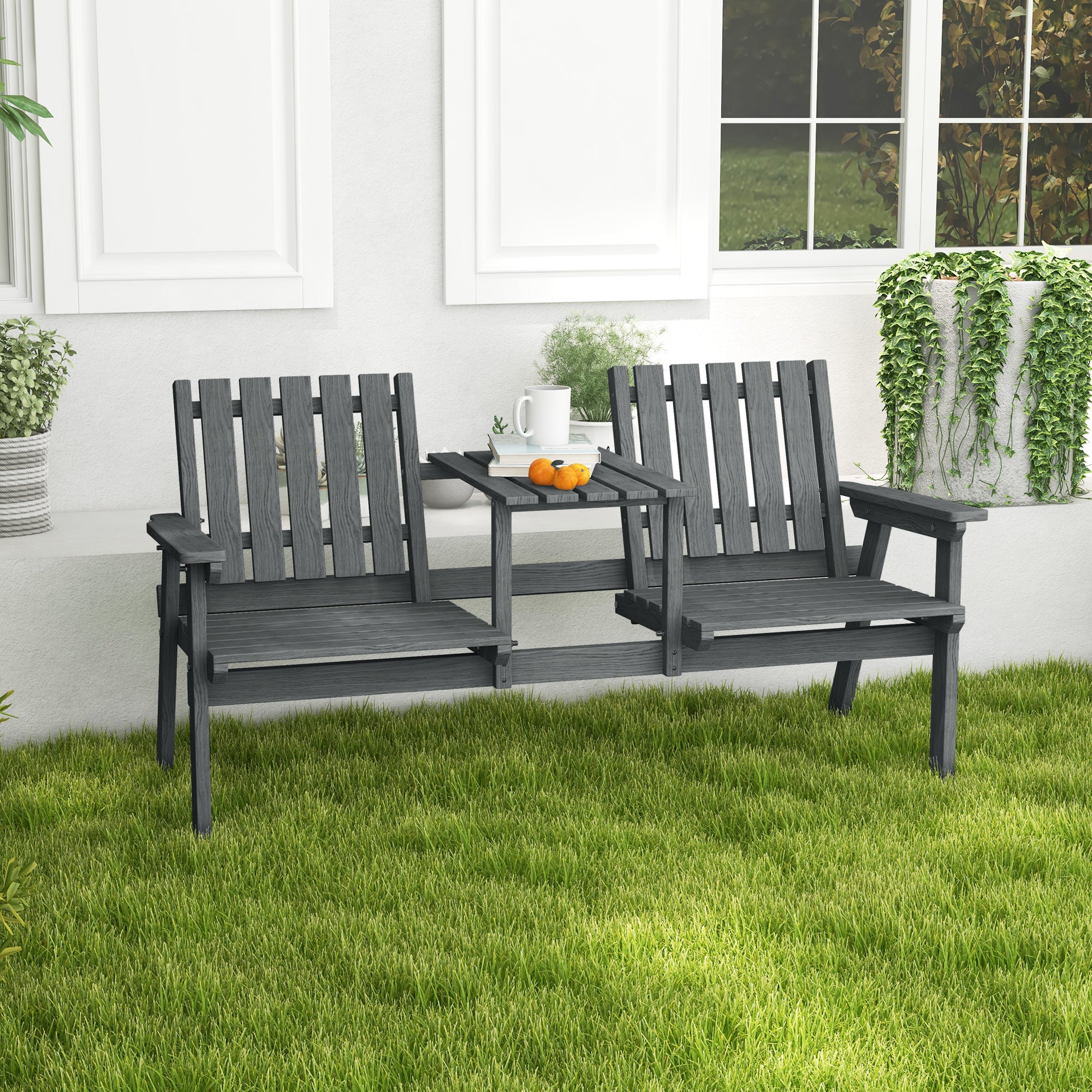 Outsunny 2-Seater Outdoor Wooden Bench with Middle Table and Umbrella Hole, Garden Bench for 2 Persons, Patio Loveseat with Slatted Seat and Back, Grey