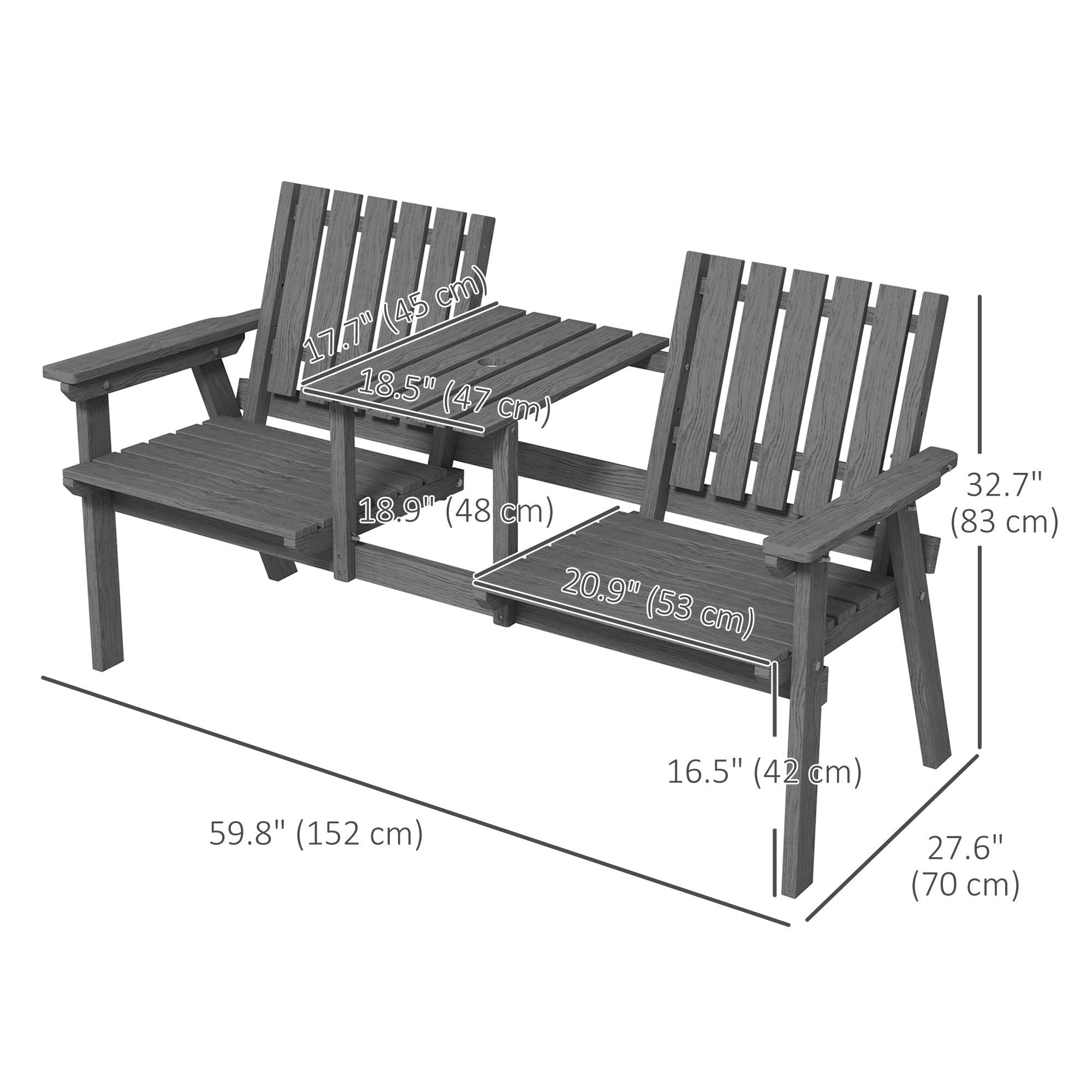 Outsunny 2-Seater Outdoor Wooden Bench with Middle Table and Umbrella Hole, Garden Bench for 2 Persons, Patio Loveseat with Slatted Seat and Back, Grey