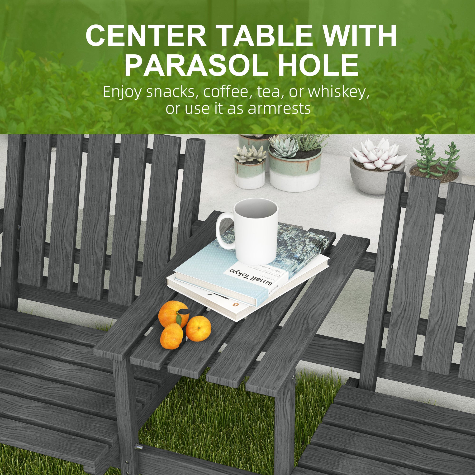 Outsunny 2-Seater Outdoor Wooden Bench with Middle Table and Umbrella Hole, Garden Bench for 2 Persons, Patio Loveseat with Slatted Seat and Back, Grey