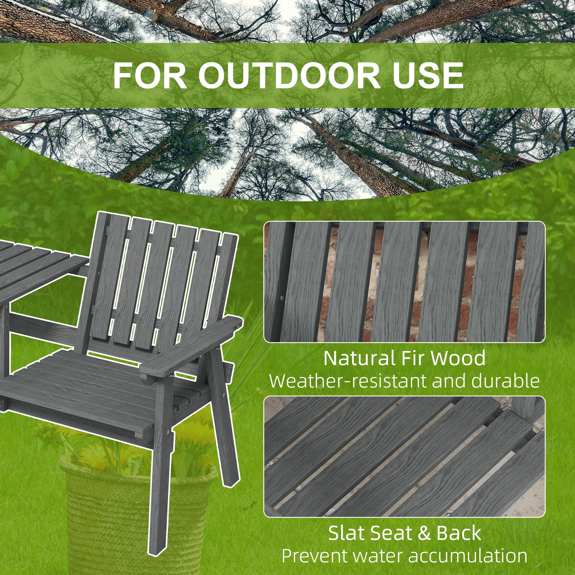 Outsunny 2-Seater Outdoor Wooden Bench with Middle Table and Umbrella Hole, Garden Bench for 2 Persons, Patio Loveseat with Slatted Seat and Back, Grey