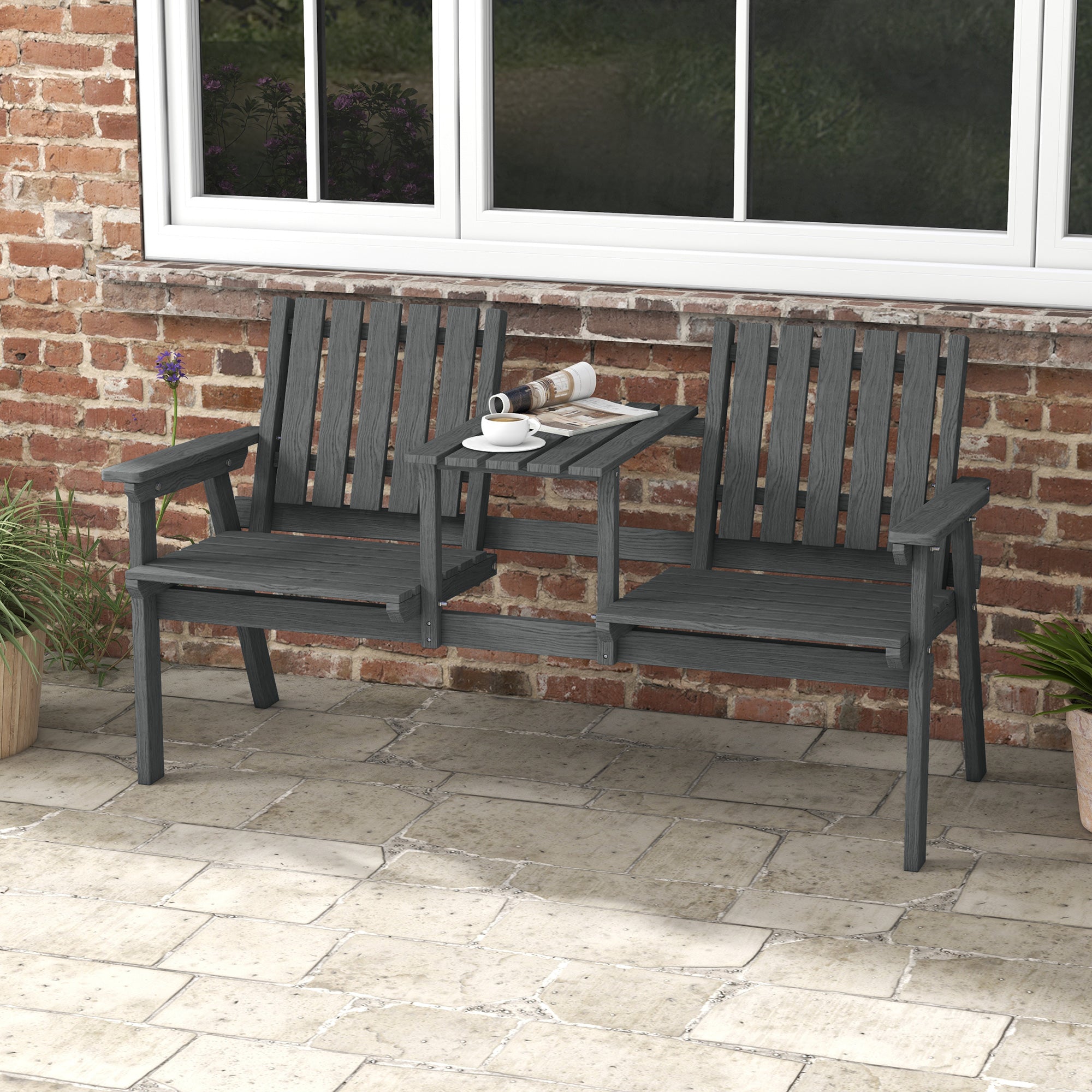 Outsunny 2-Seater Outdoor Wooden Bench with Middle Table and Umbrella Hole, Garden Bench for 2 Persons, Patio Loveseat with Slatted Seat and Back, Grey