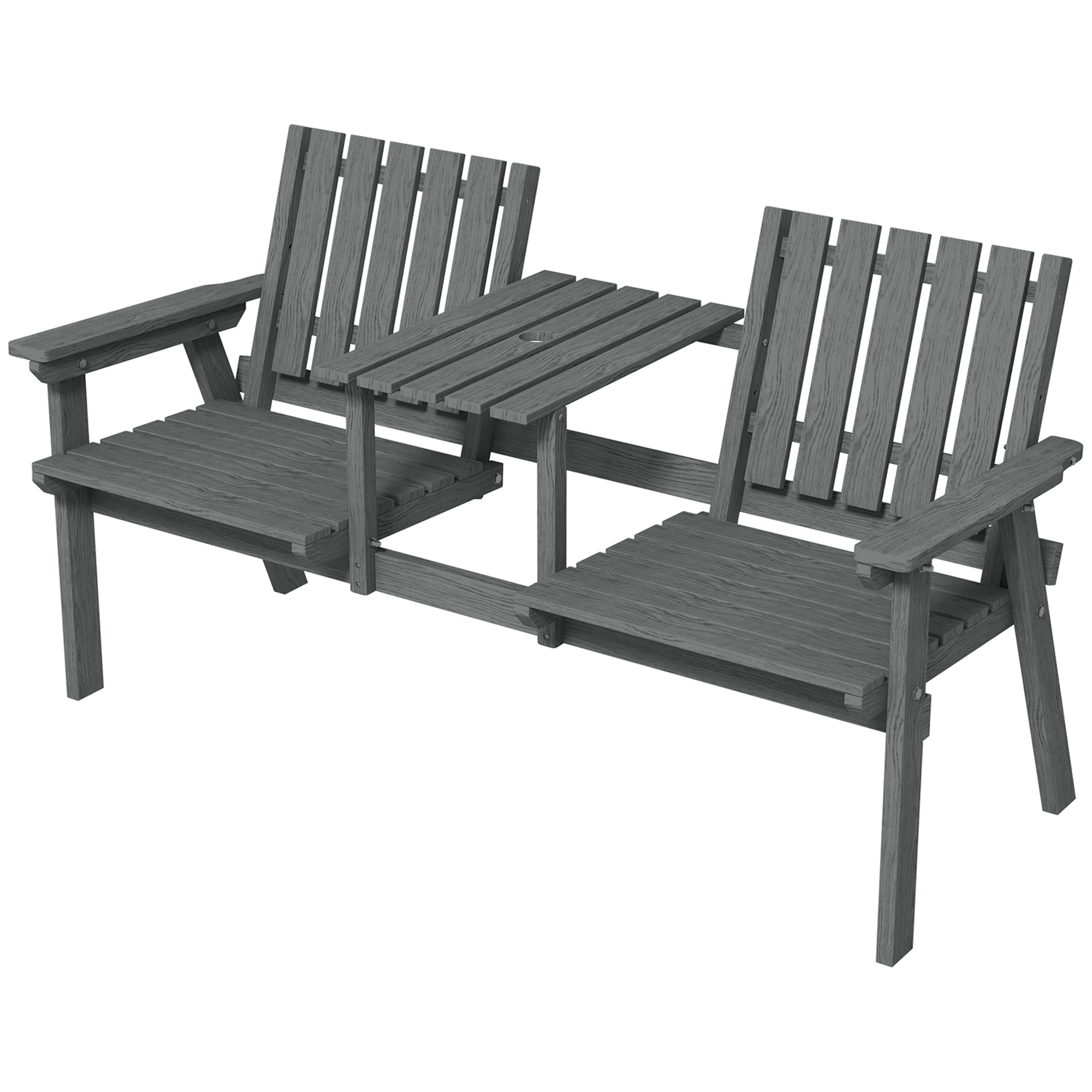 Outsunny 2-Seater Outdoor Wooden Bench with Middle Table and Umbrella Hole, Garden Bench for 2 Persons, Patio Loveseat with Slatted Seat and Back, Grey