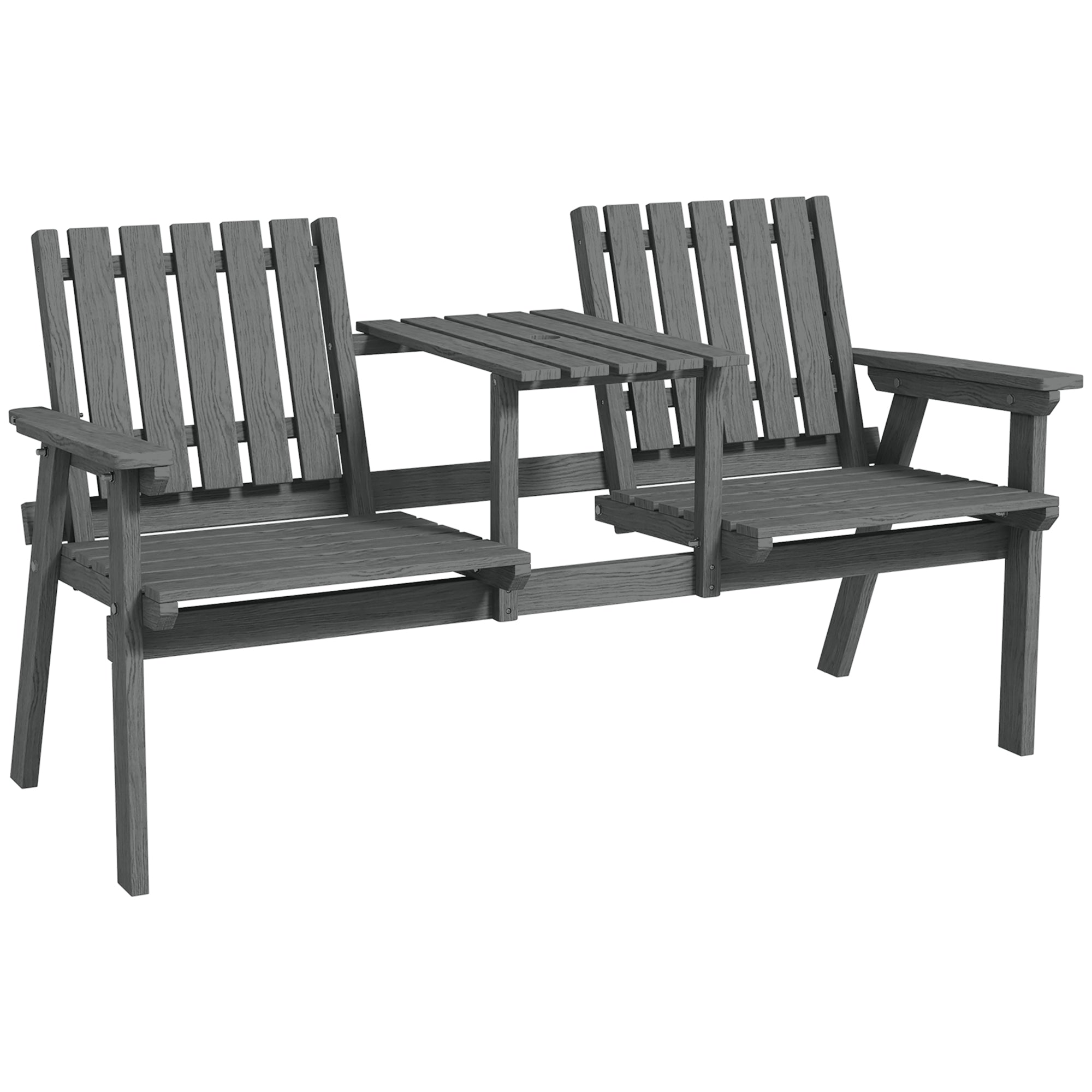 Outsunny 2-Seater Outdoor Wooden Bench with Middle Table and Umbrella Hole, Garden Bench for 2 Persons, Patio Loveseat with Slatted Seat and Back, Grey