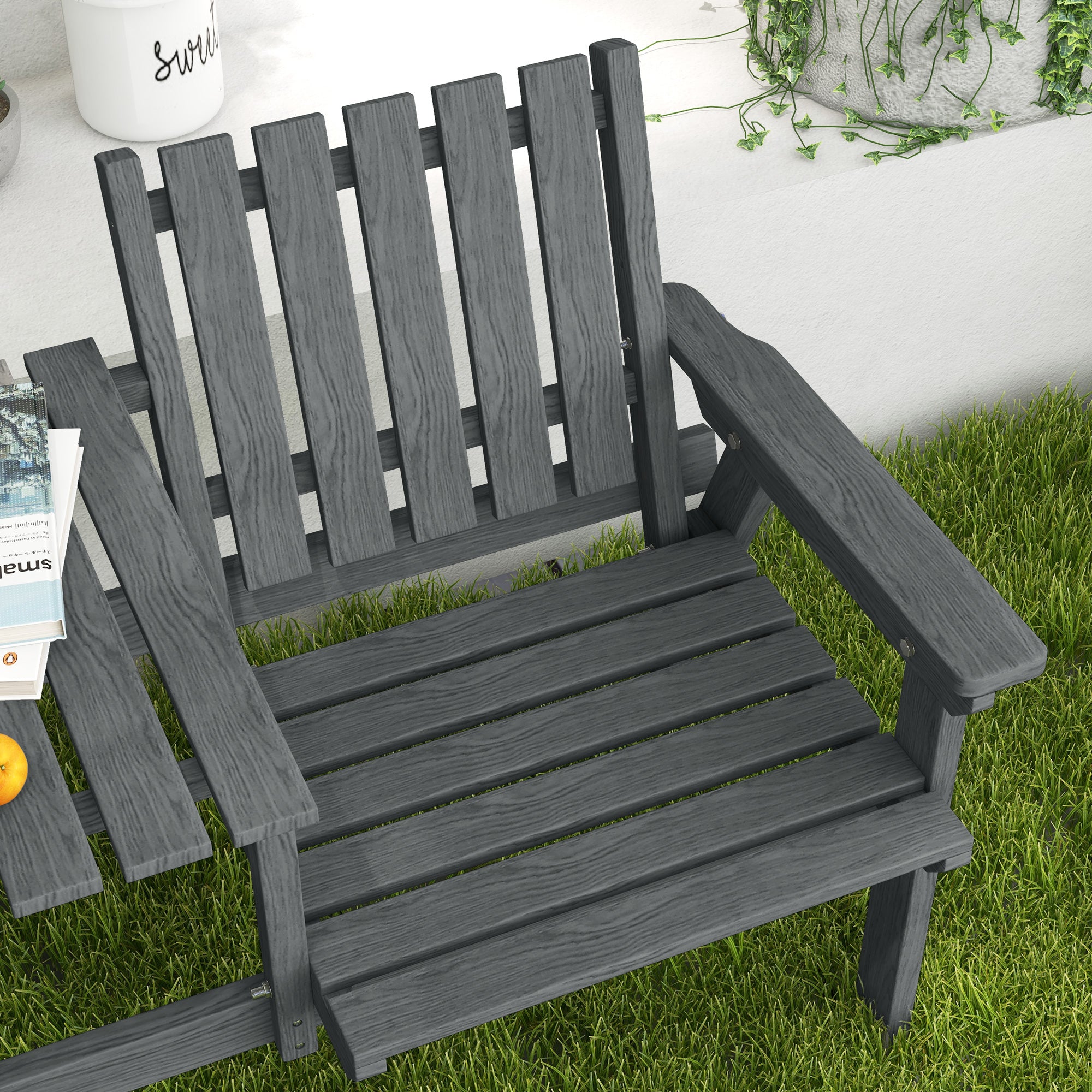 Outsunny 2-Seater Outdoor Wooden Bench with Middle Table and Umbrella Hole, Garden Bench for 2 Persons, Patio Loveseat with Slatted Seat and Back, Grey