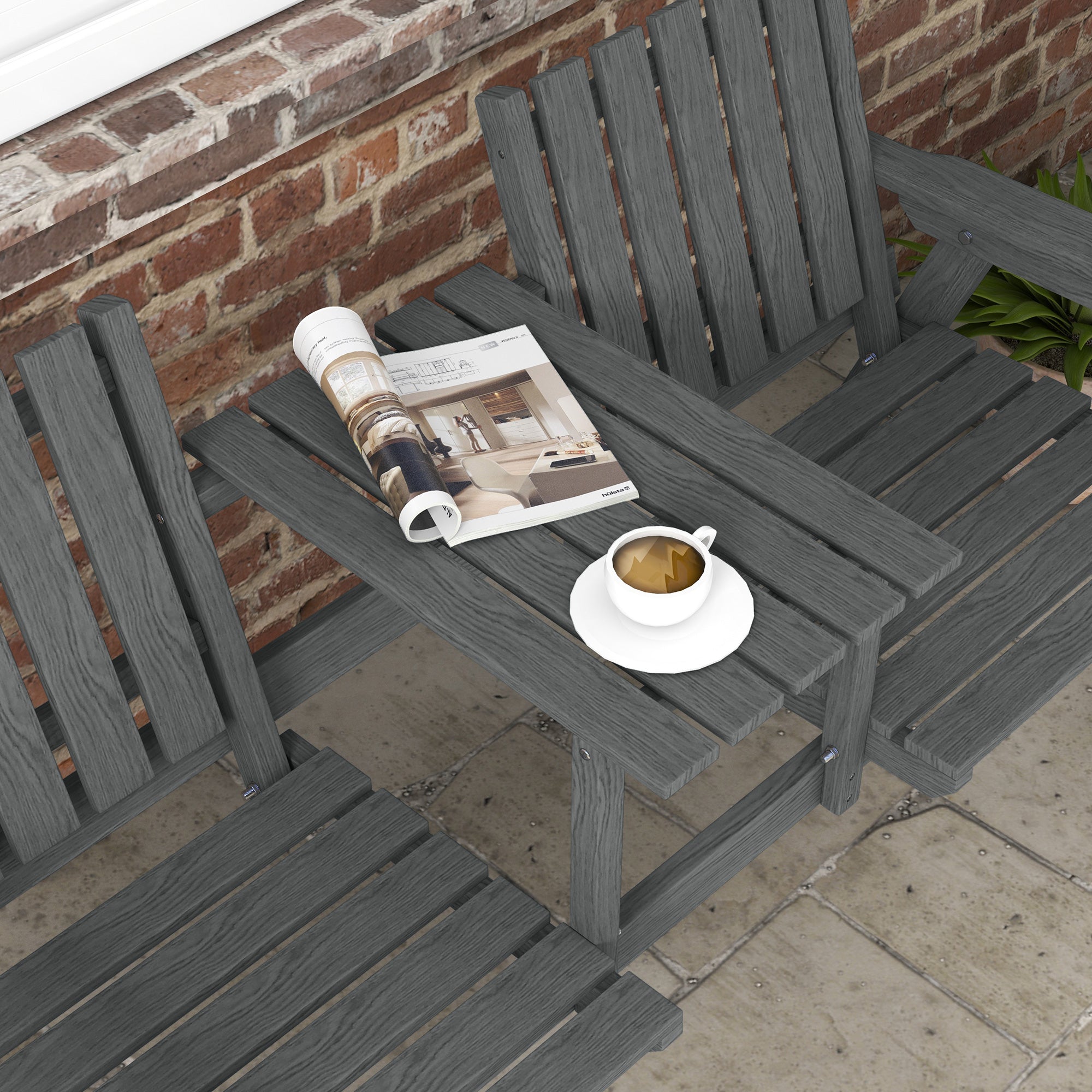 Outsunny 2-Seater Outdoor Wooden Bench with Middle Table and Umbrella Hole, Garden Bench for 2 Persons, Patio Loveseat with Slatted Seat and Back, Grey