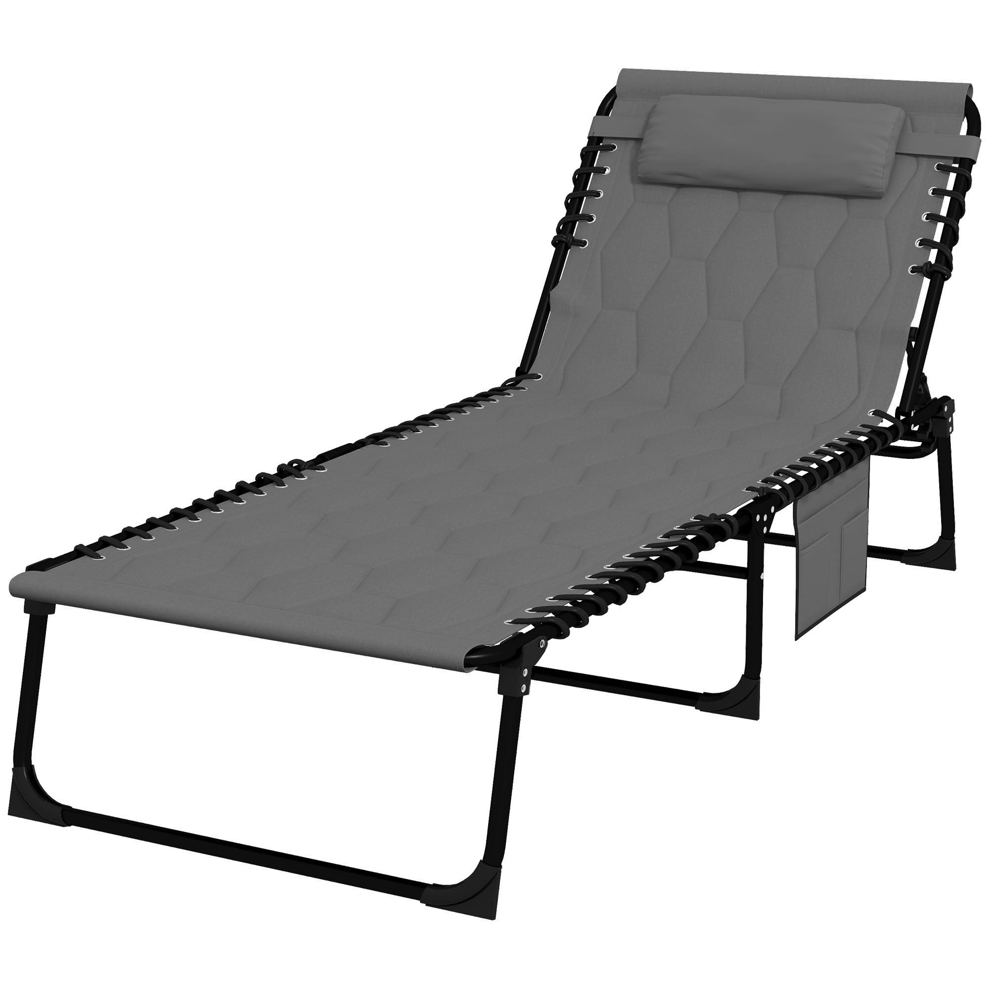 Outsunny Folding Chaise Lounge with 5-level Reclining Back, Outdoor Tanning Chair with Build-in Padded Seat, Outdoor Lounge Chair with Side Pocket, Headrest, Grey