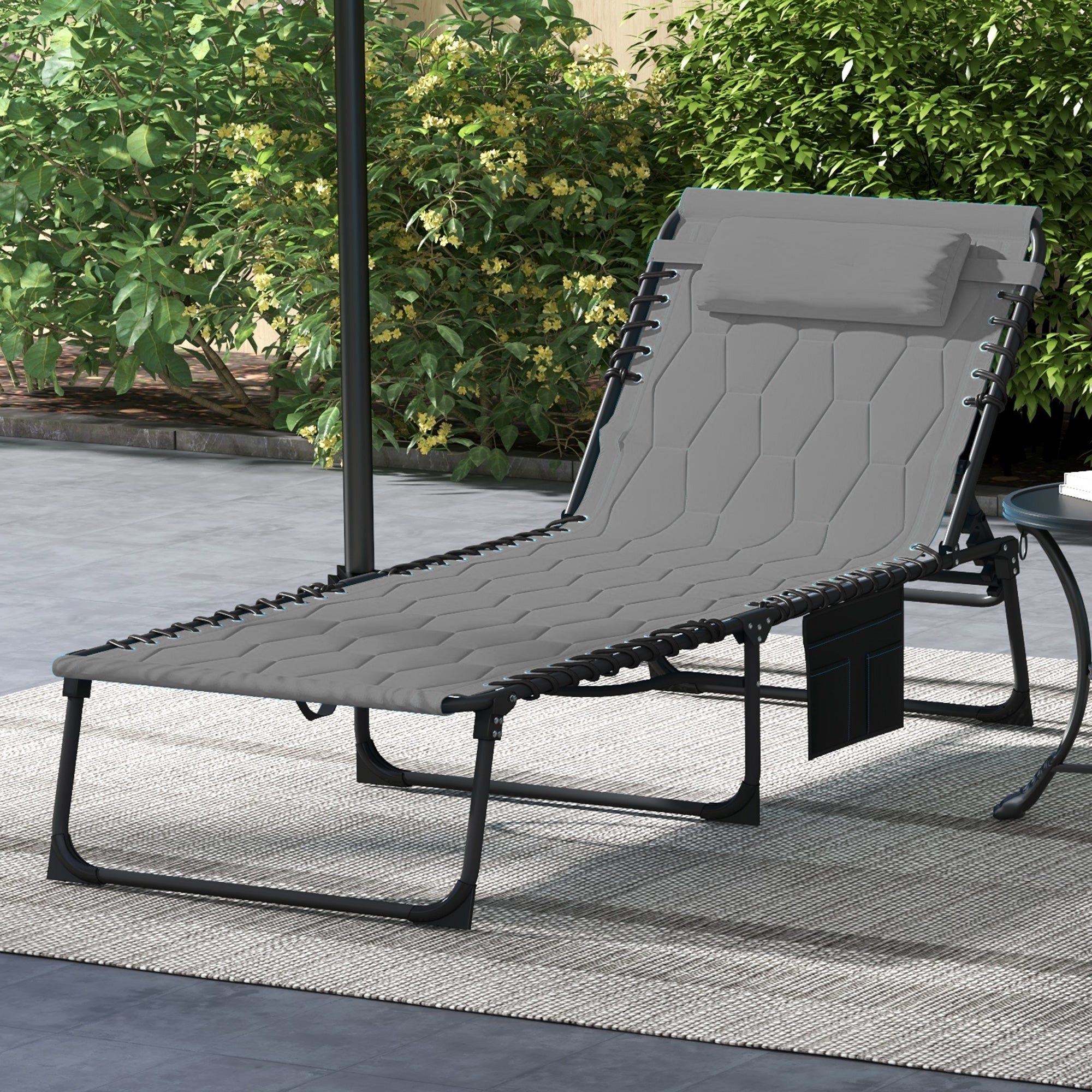 Outsunny Folding Chaise Lounge with 5-level Reclining Back, Outdoor Tanning Chair with Build-in Padded Seat, Outdoor Lounge Chair with Side Pocket, Headrest, Grey