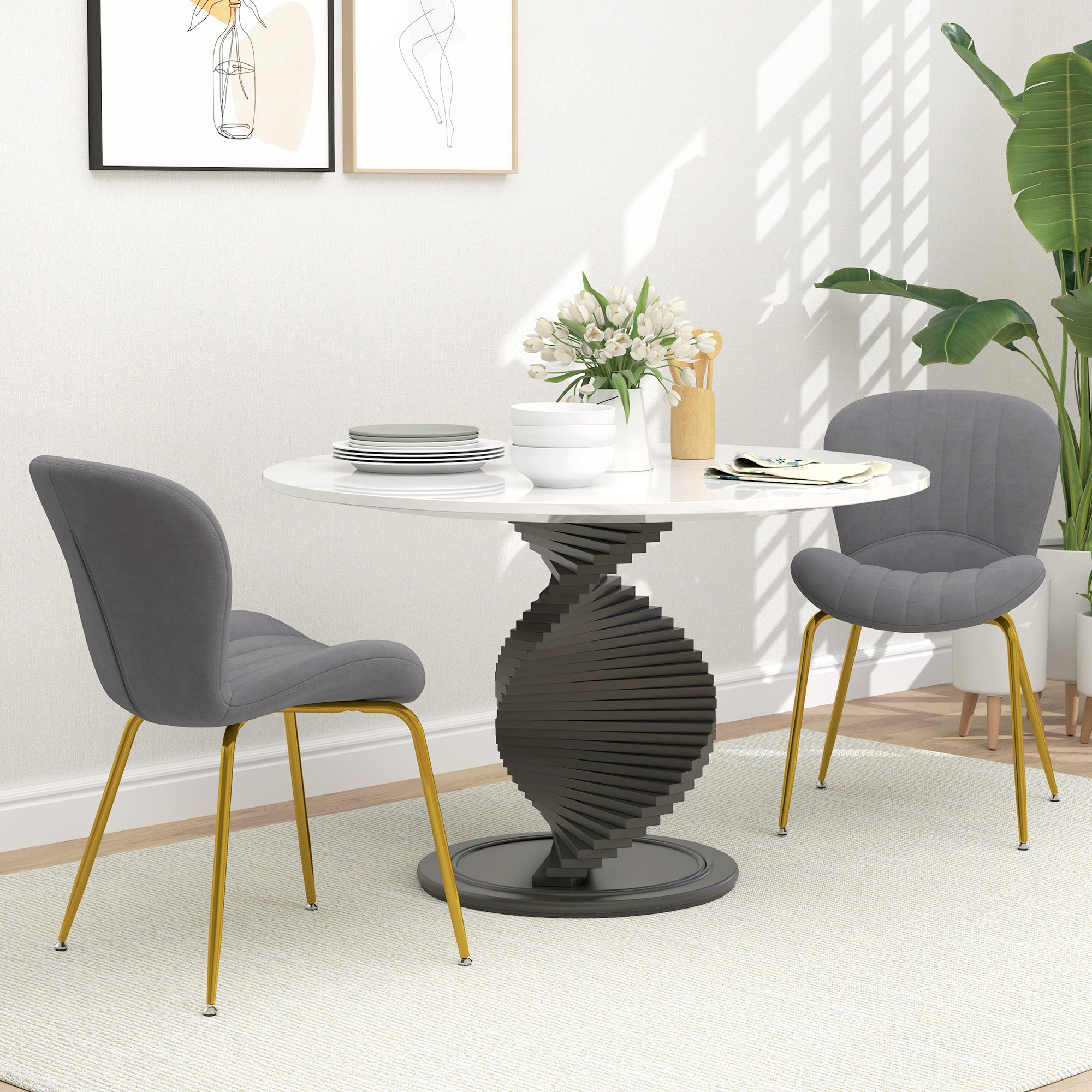 HOMCOM Upholstered Dining Chairs Set of 2, Modern Kitchen Chairs, Armless Accent Chairs with Backrest, Padded Seat and Steel Gold Legs, Dark Grey