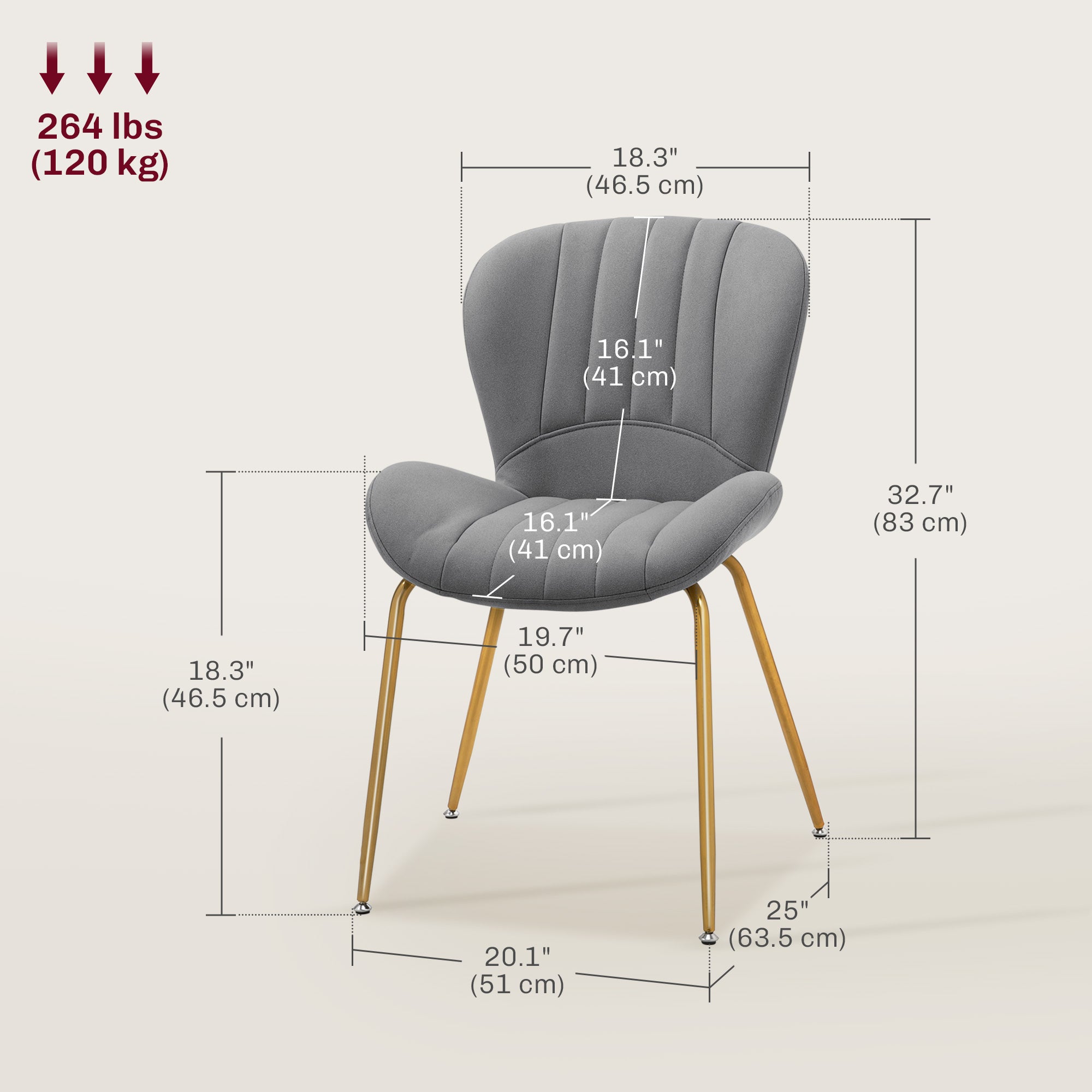 HOMCOM Upholstered Dining Chairs Set of 2, Modern Kitchen Chairs, Armless Accent Chairs with Backrest, Padded Seat and Steel Gold Legs, Dark Grey