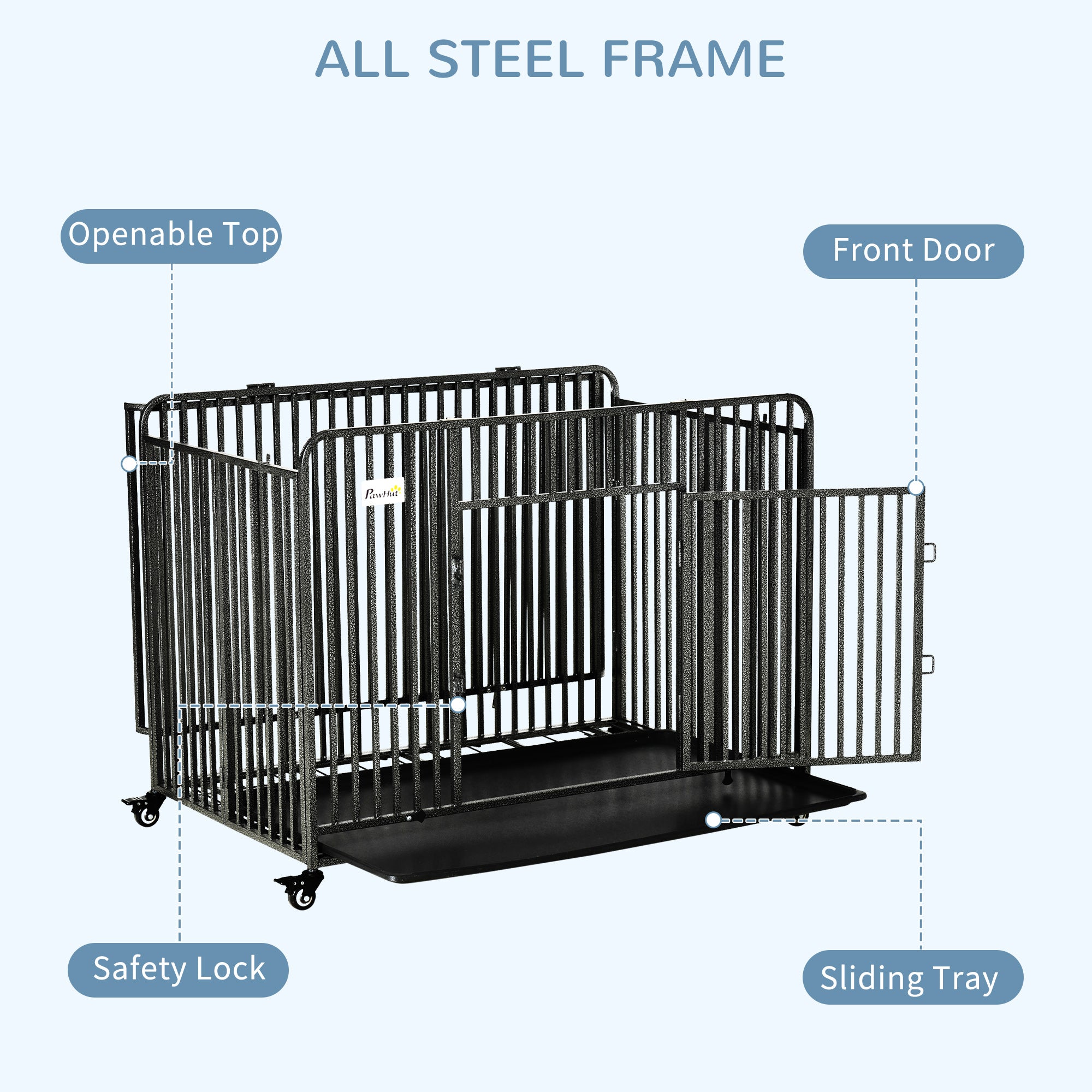 PawHut Foldable Heavy Duty Dog Crate, Dog Cage on Wheels, Portable Dog Kennel w/ Removable Tray, for Medium and Large Dogs