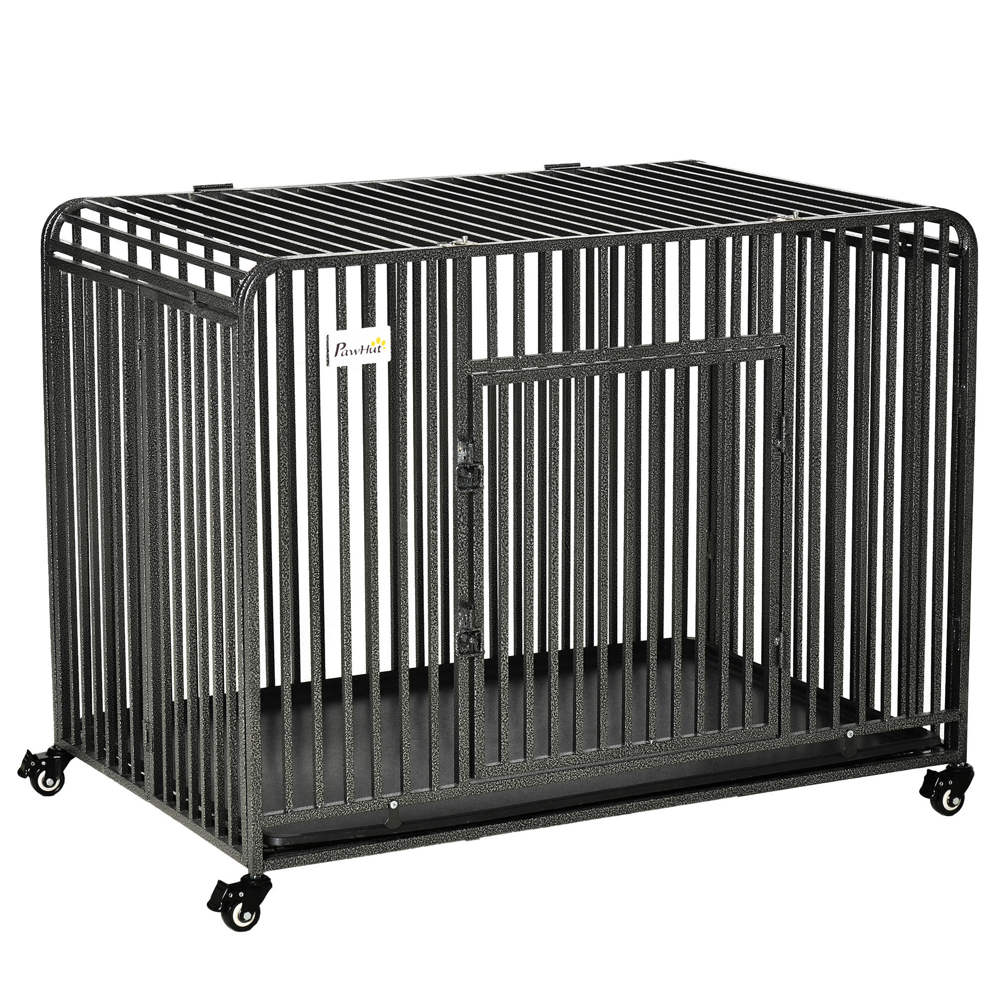 PawHut Foldable Heavy Duty Dog Crate, Dog Cage on Wheels, Portable Dog Kennel w/ Removable Tray, for Medium and Large Dogs