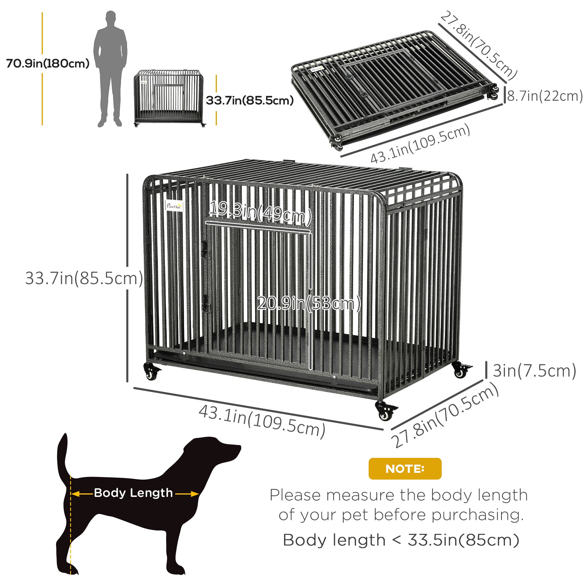 PawHut Heavy Duty Dog Crate, Foldable Pet Kennel Cage, with All Steel Frame Removable Tray, 4 Locking Wheels, for Medium & Large Dogs, Dark Silver