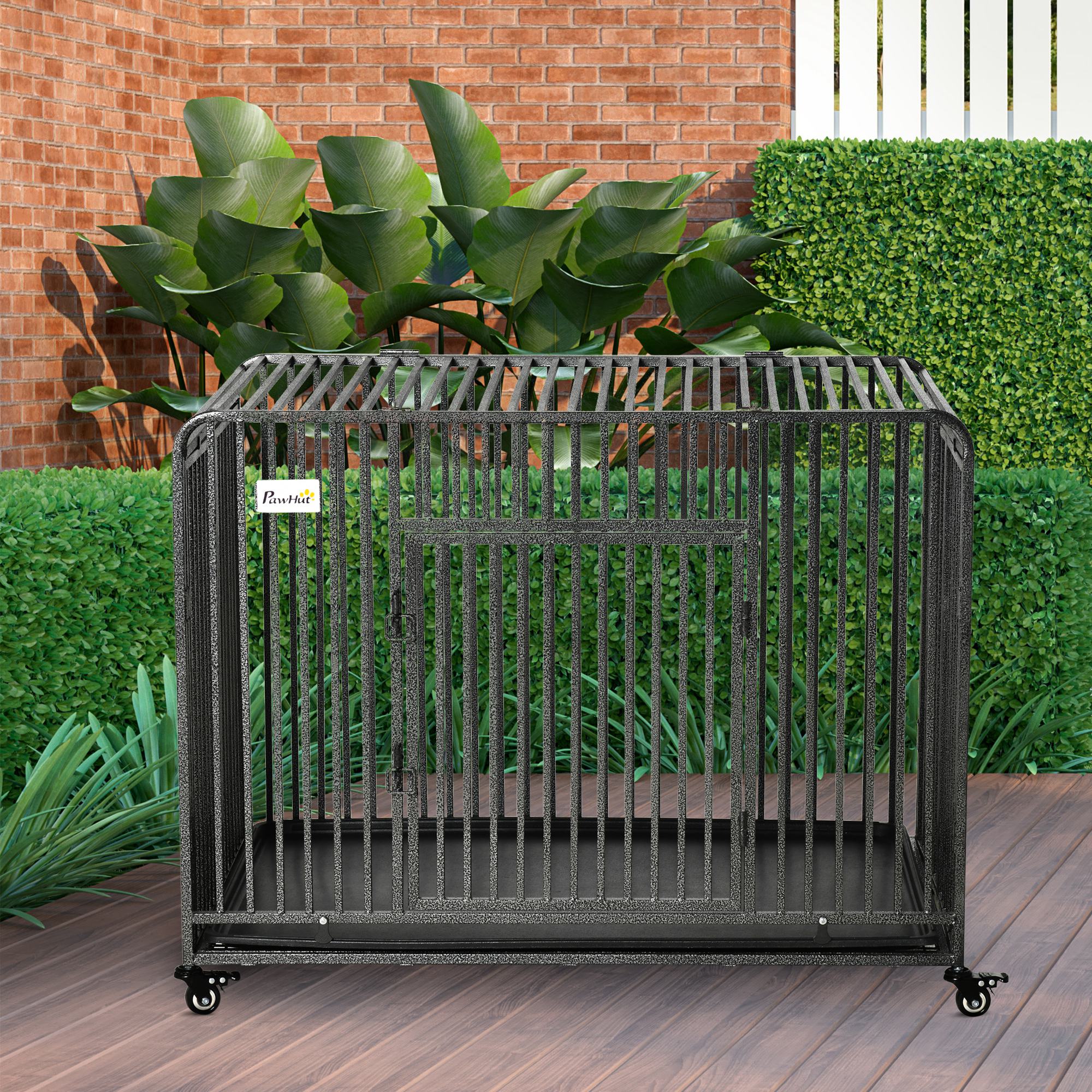 PawHut Foldable Heavy Duty Dog Crate, Dog Cage on Wheels, Portable Dog Kennel w/ Removable Tray, for Medium and Large Dogs