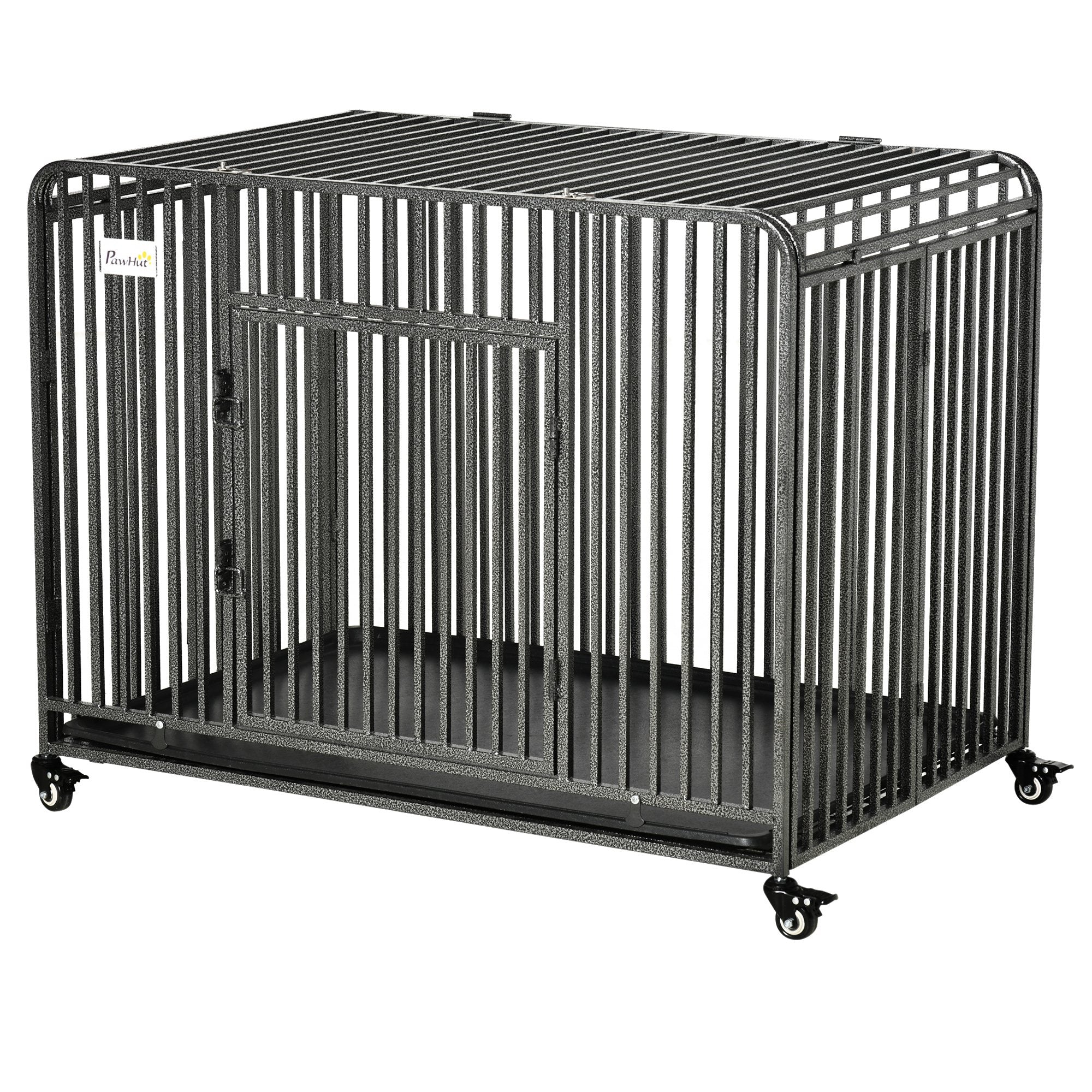 PawHut Foldable Heavy Duty Dog Crate, Dog Cage on Wheels, Portable Dog Kennel w/ Removable Tray, for Medium and Large Dogs