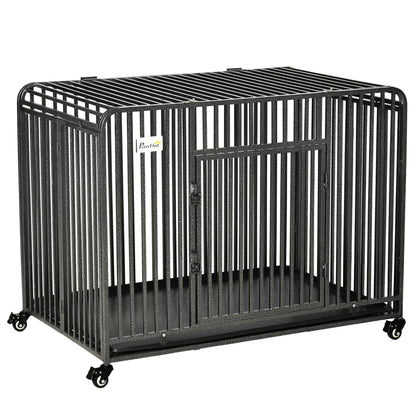 PawHut Foldable Heavy Duty Dog Crate, Dog Cage on Wheels, Portable Dog Kennel w/ Removable Tray, for Medium and Large Dogs
