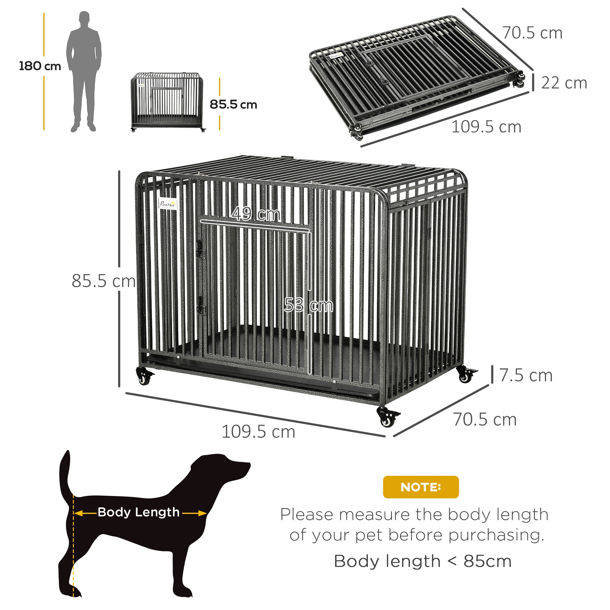 PawHut Foldable Heavy Duty Dog Crate, Dog Cage on Wheels, Portable Dog Kennel w/ Removable Tray, for Medium and Large Dogs