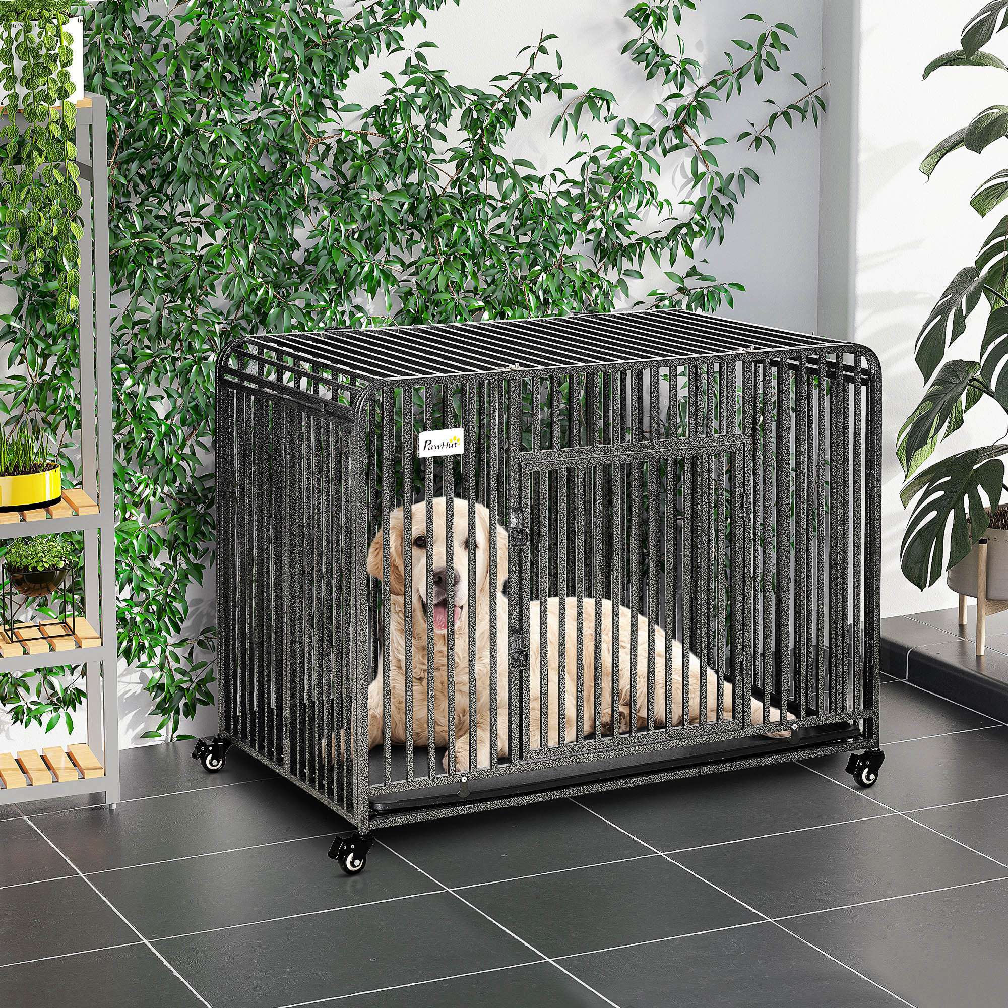 PawHut Heavy Duty Dog Crate, Foldable Pet Kennel Cage, with All Steel Frame Removable Tray, 4 Locking Wheels, for Medium & Large Dogs, Dark Silver
