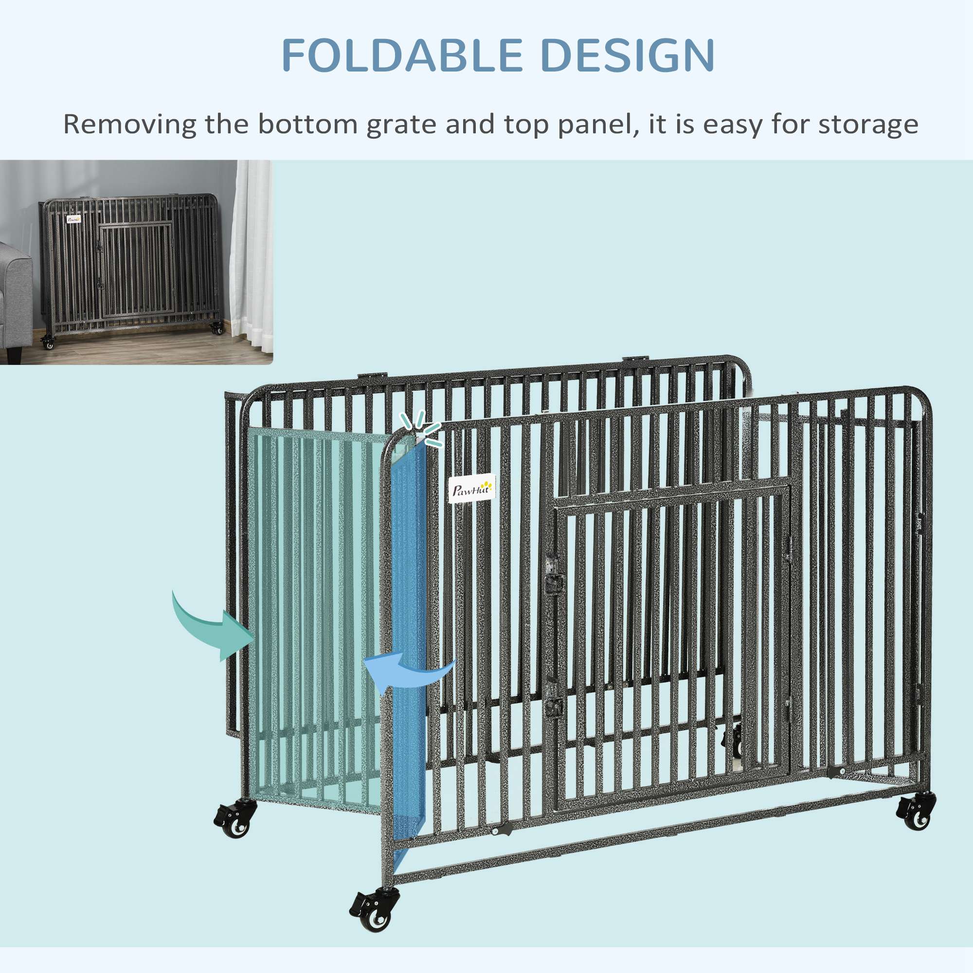PawHut Foldable Heavy Duty Dog Crate, Dog Cage on Wheels, Portable Dog Kennel w/ Removable Tray, for Medium and Large Dogs