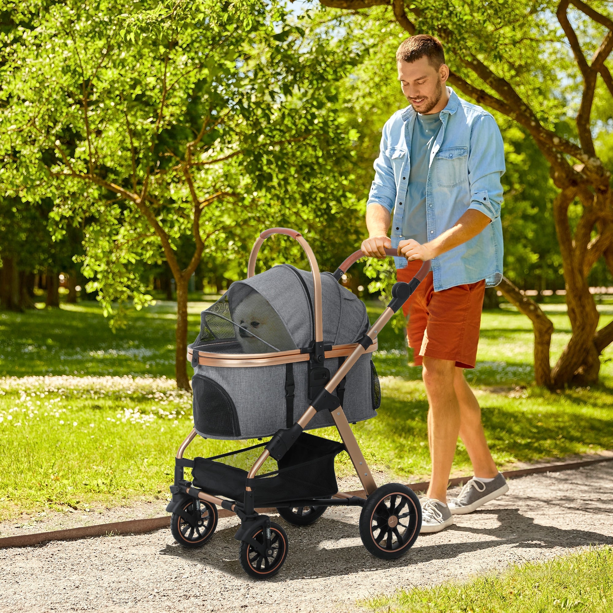 PawHut 3 in 1 Dog Stroller with Detachable Cabin, 4 Wheel Folding Lightweight Pet Stroller with Adjustable Canopy, Rubber Wheels, Storage Basket, Cupholder, Cat Stroller for Small Dogs and Cats, Gray