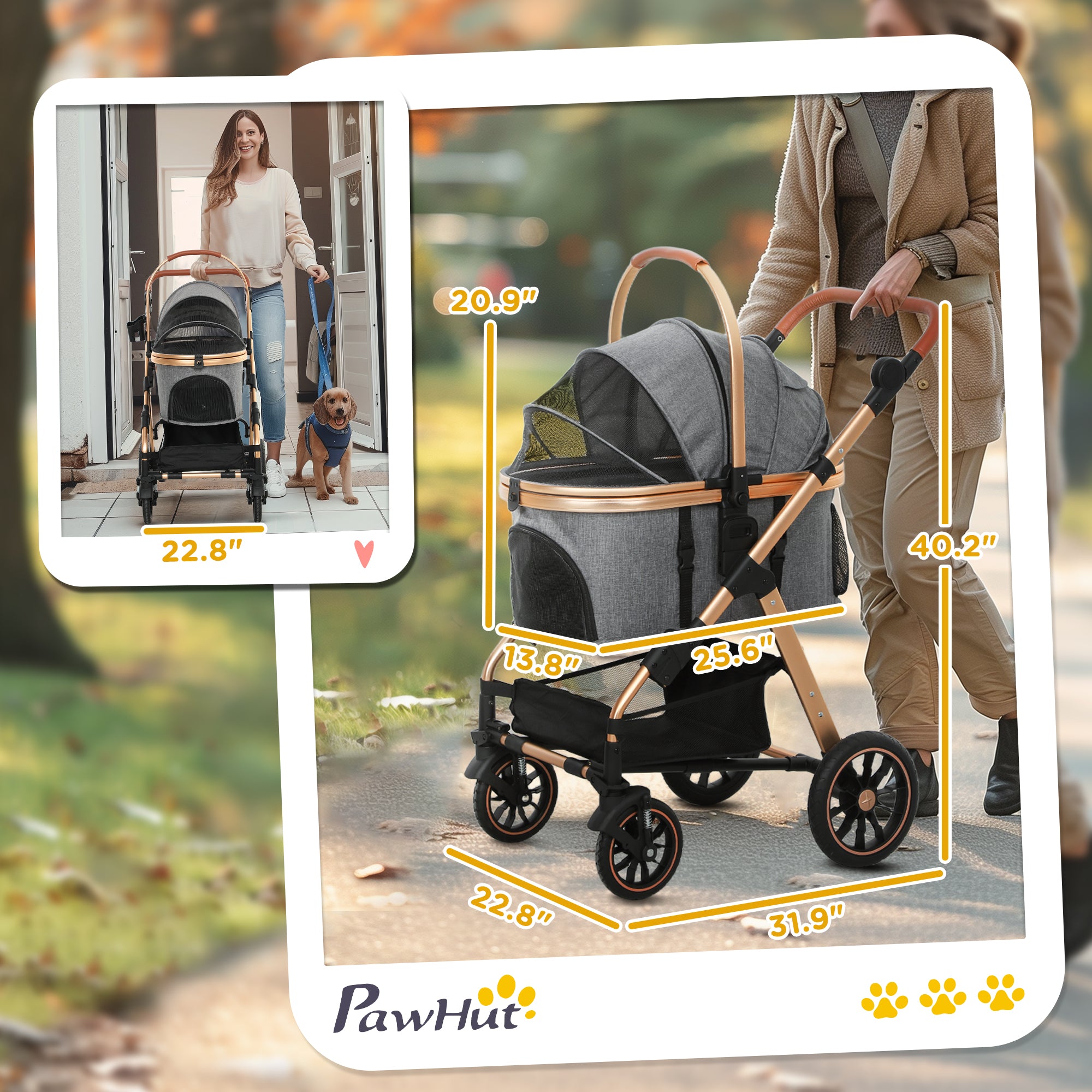 PawHut 3 in 1 Dog Stroller with Detachable Cabin, 4 Wheel Folding Lightweight Pet Stroller with Adjustable Canopy, Rubber Wheels, Storage Basket, Cupholder, Cat Stroller for Small Dogs and Cats, Gray