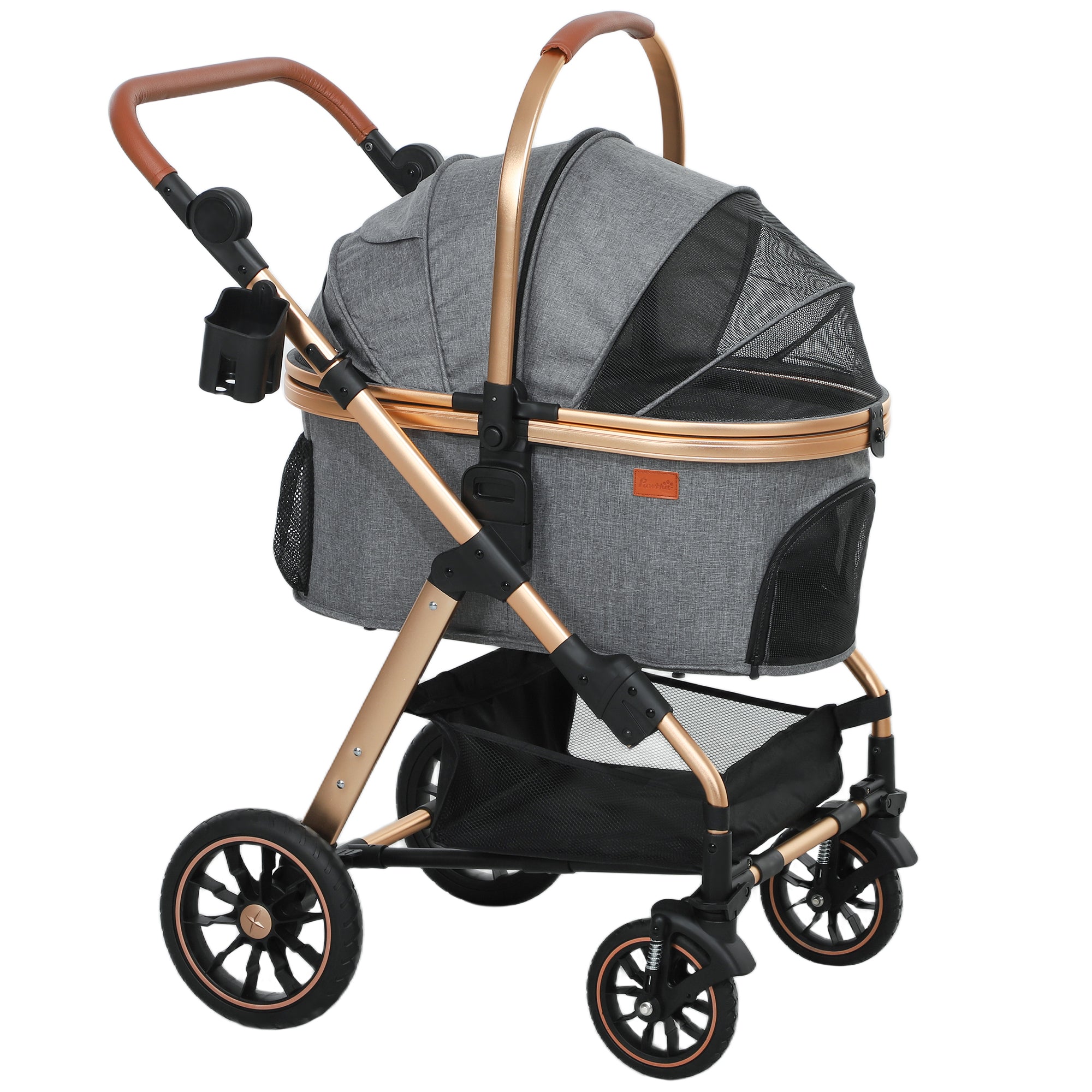 PawHut 3 in 1 Dog Stroller with Detachable Cabin, 4 Wheel Folding Lightweight Pet Stroller with Adjustable Canopy, Rubber Wheels, Storage Basket, Cupholder, Cat Stroller for Small Dogs and Cats, Gray