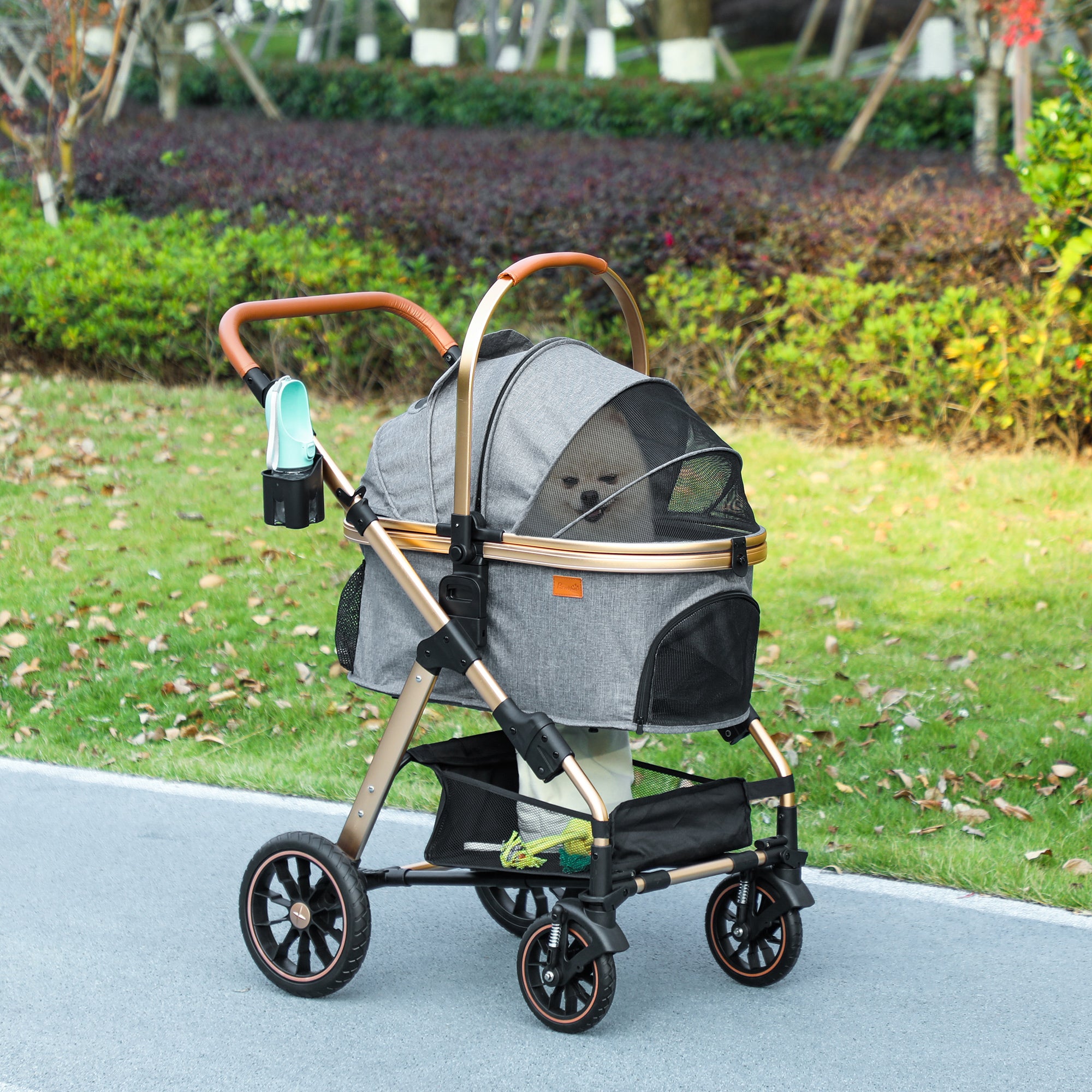 PawHut 3 in 1 Dog Stroller with Detachable Cabin, 4 Wheel Folding Lightweight Pet Stroller with Adjustable Canopy, Rubber Wheels, Storage Basket, Cupholder, Cat Stroller for Small Dogs and Cats, Gray