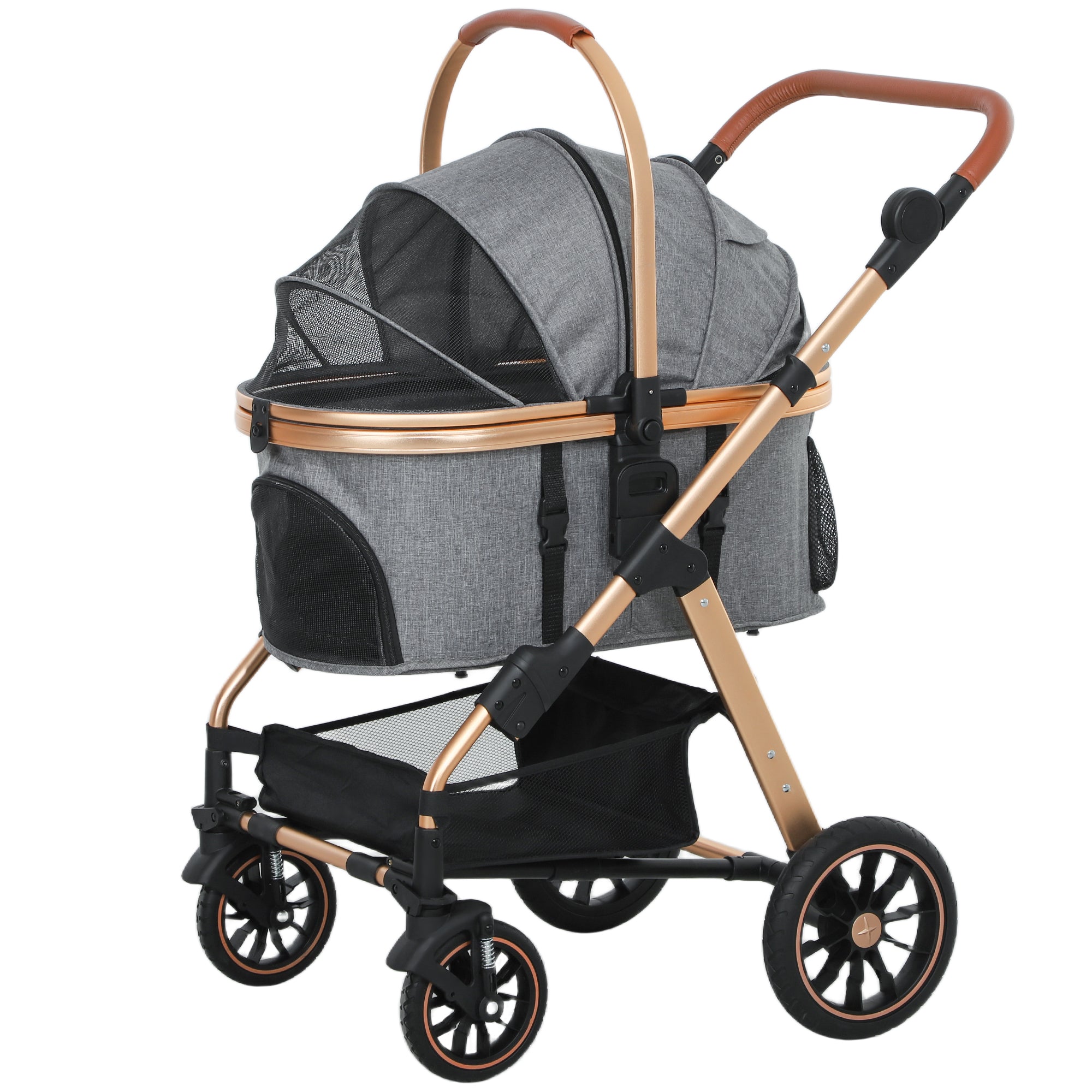 PawHut 3 in 1 Dog Stroller with Detachable Cabin, 4 Wheel Folding Lightweight Pet Stroller with Adjustable Canopy, Rubber Wheels, Storage Basket, Cupholder, Cat Stroller for Small Dogs and Cats, Gray