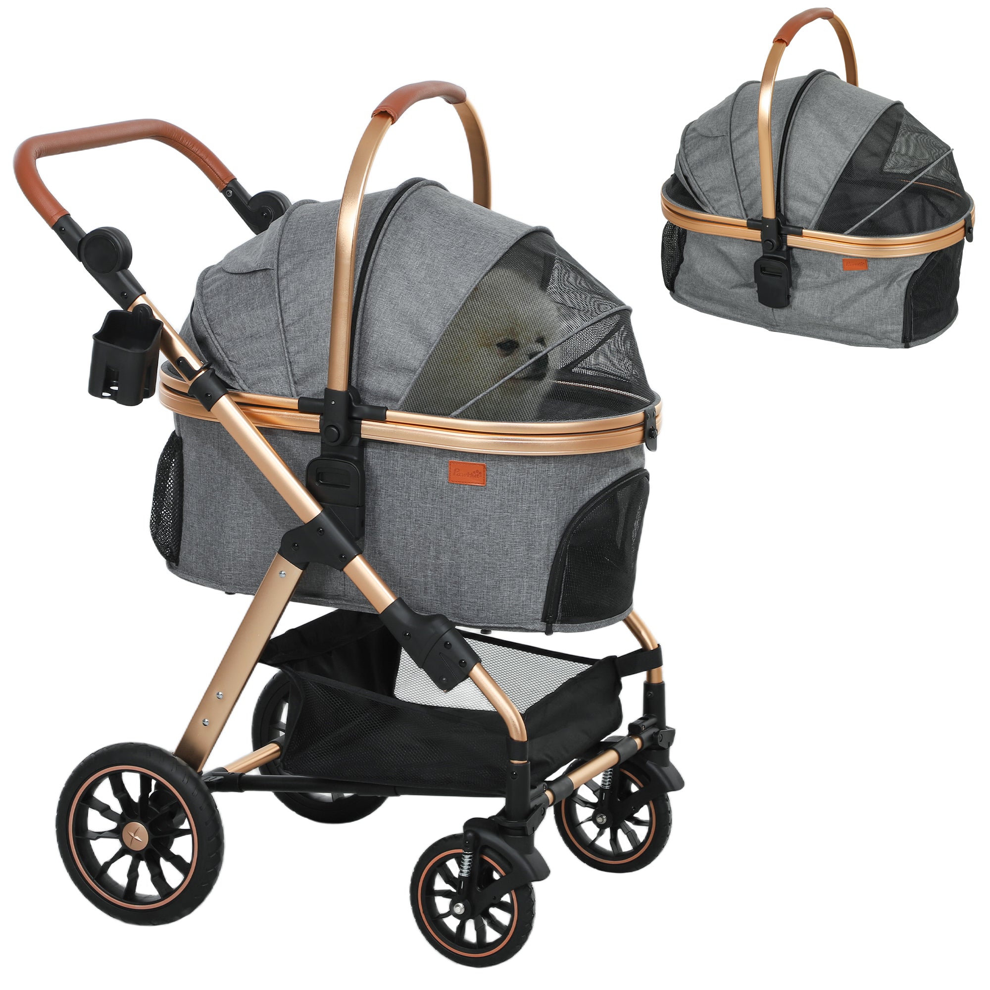 PawHut 3 in 1 Dog Stroller with Detachable Cabin, 4 Wheel Folding Lightweight Pet Stroller with Adjustable Canopy, Rubber Wheels, Storage Basket, Cupholder, Cat Stroller for Small Dogs and Cats, Gray