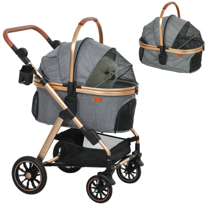 PawHut 3 in 1 Dog Stroller with Detachable Cabin, 4 Wheel Folding Lightweight Pet Stroller with Adjustable Canopy, Rubber Wheels, Storage Basket, Cupholder, Cat Stroller for Small Dogs and Cats, Gray