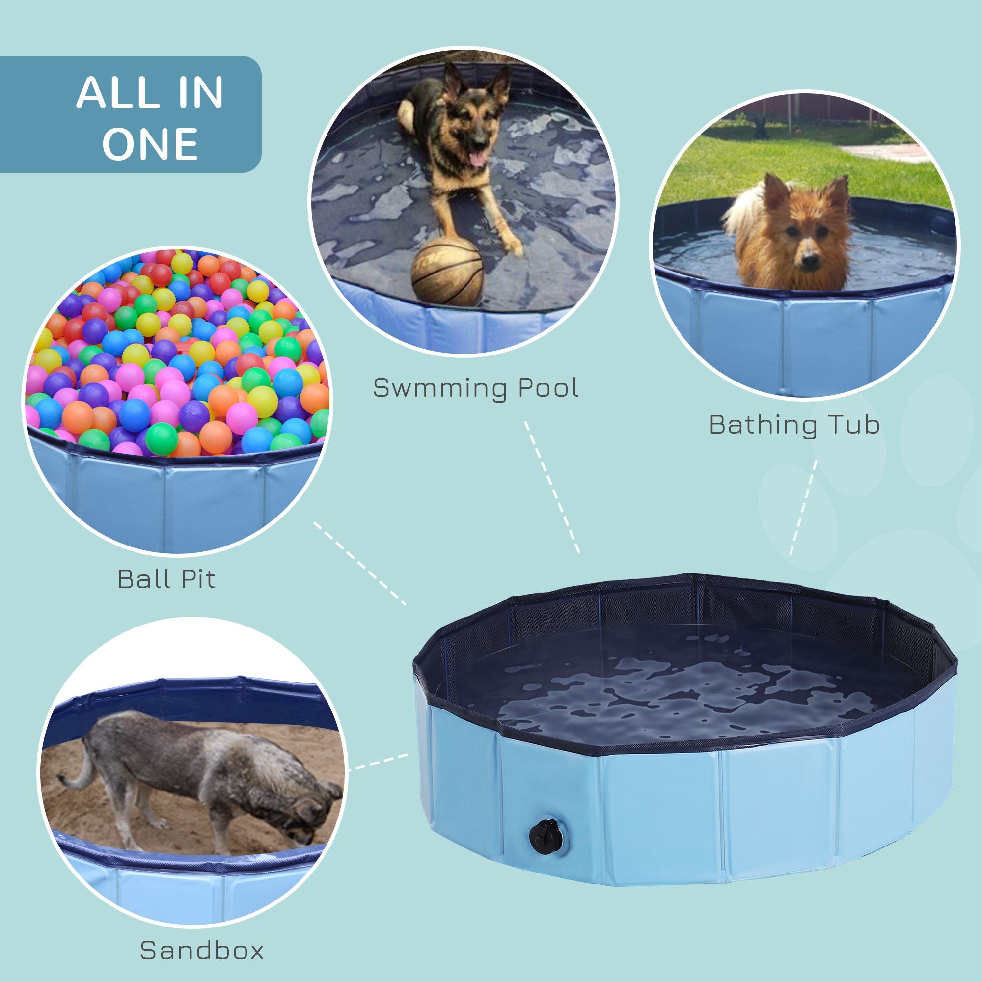 PawHut Foldable Dog Paddling Pool Pet Cat Swimming Pool Indoor/Outdoor Collapsible Summer Bathing Tub Shower Tub Puppy Washer (Φ80 × 20H cm, Blue)