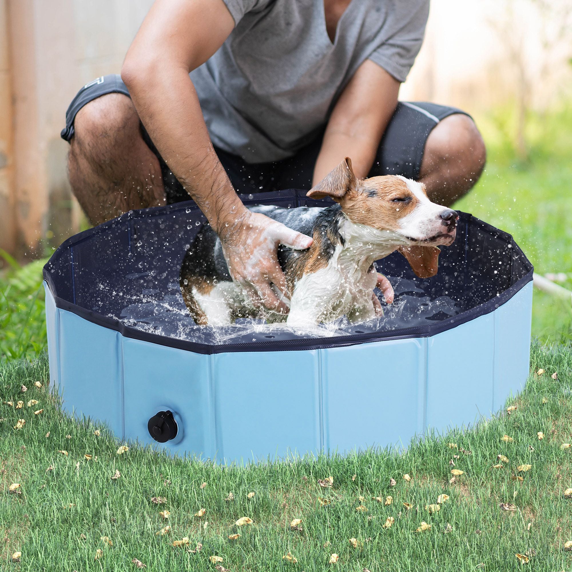 PawHut Foldable Dog Paddling Pool Pet Cat Swimming Pool Indoor/Outdoor Collapsible Summer Bathing Tub Shower Tub Puppy Washer (Φ80 × 20H cm, Blue)