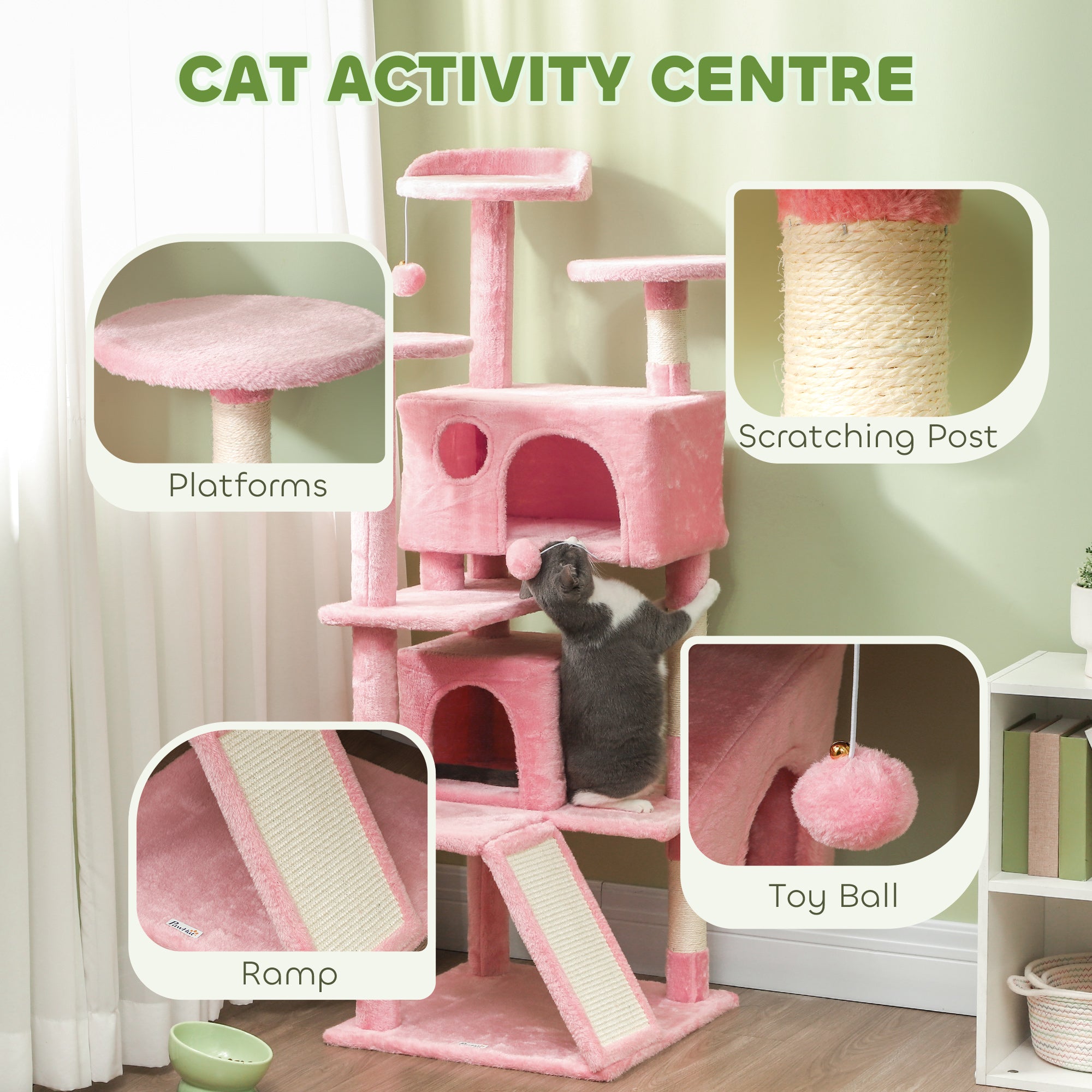 PawHut 54" Cat Tree, Cat Tower for Indoor Cats with Scratching Posts, Cat Condos, Bed, Platforms, Ramp, Toy Ball, Cat Activity Center, Pink