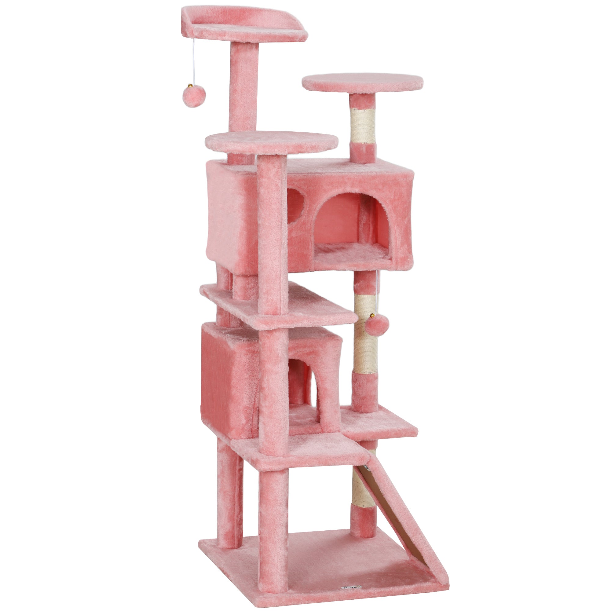 PawHut 54" Cat Tree, Cat Tower for Indoor Cats with Scratching Posts, Cat Condos, Bed, Platforms, Ramp, Toy Ball, Cat Activity Center, Pink