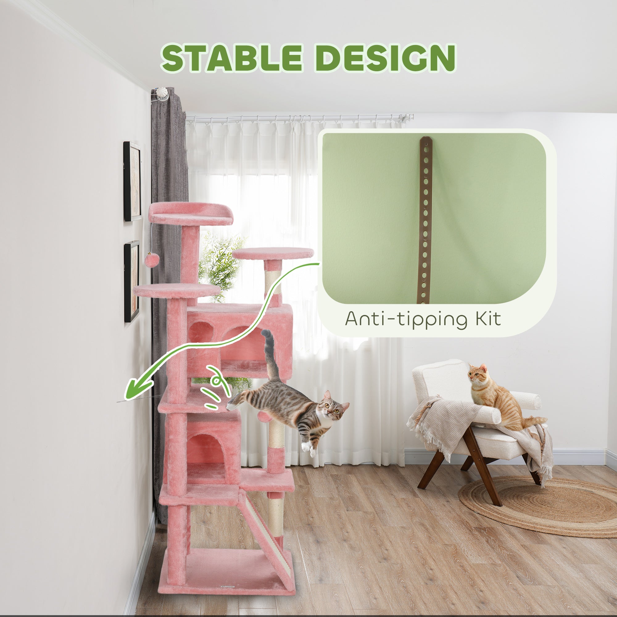 PawHut 54" Cat Tree, Cat Tower for Indoor Cats with Scratching Posts, Cat Condos, Bed, Platforms, Ramp, Toy Ball, Cat Activity Center, Pink