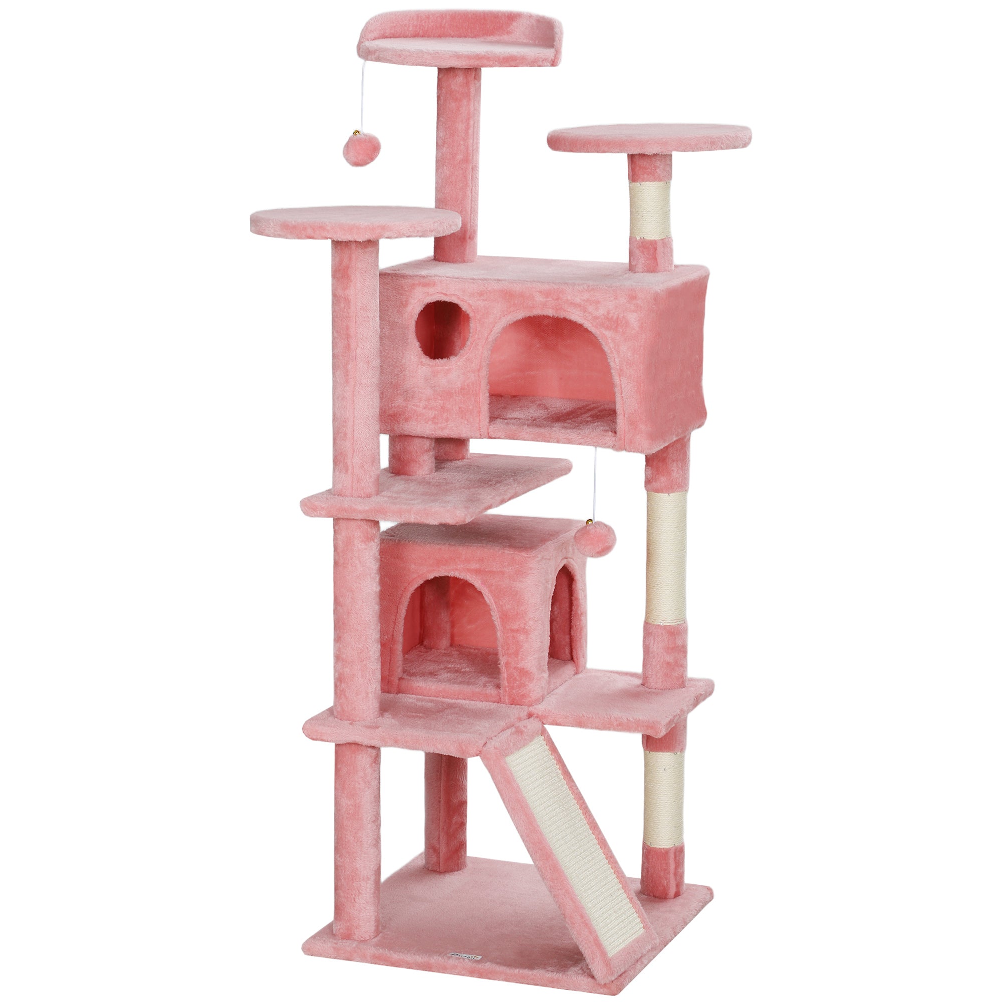 PawHut 54" Cat Tree, Cat Tower for Indoor Cats with Scratching Posts, Cat Condos, Bed, Platforms, Ramp, Toy Ball, Cat Activity Center, Pink