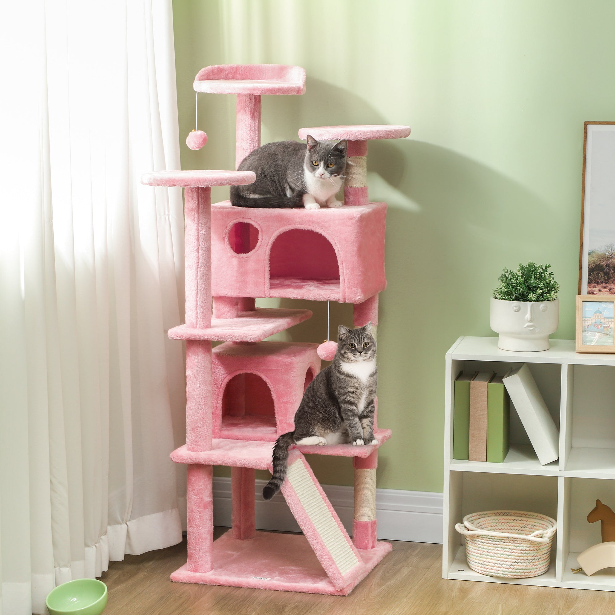 PawHut 54" Cat Tree, Cat Tower for Indoor Cats with Scratching Posts, Cat Condos, Bed, Platforms, Ramp, Toy Ball, Cat Activity Center, Pink