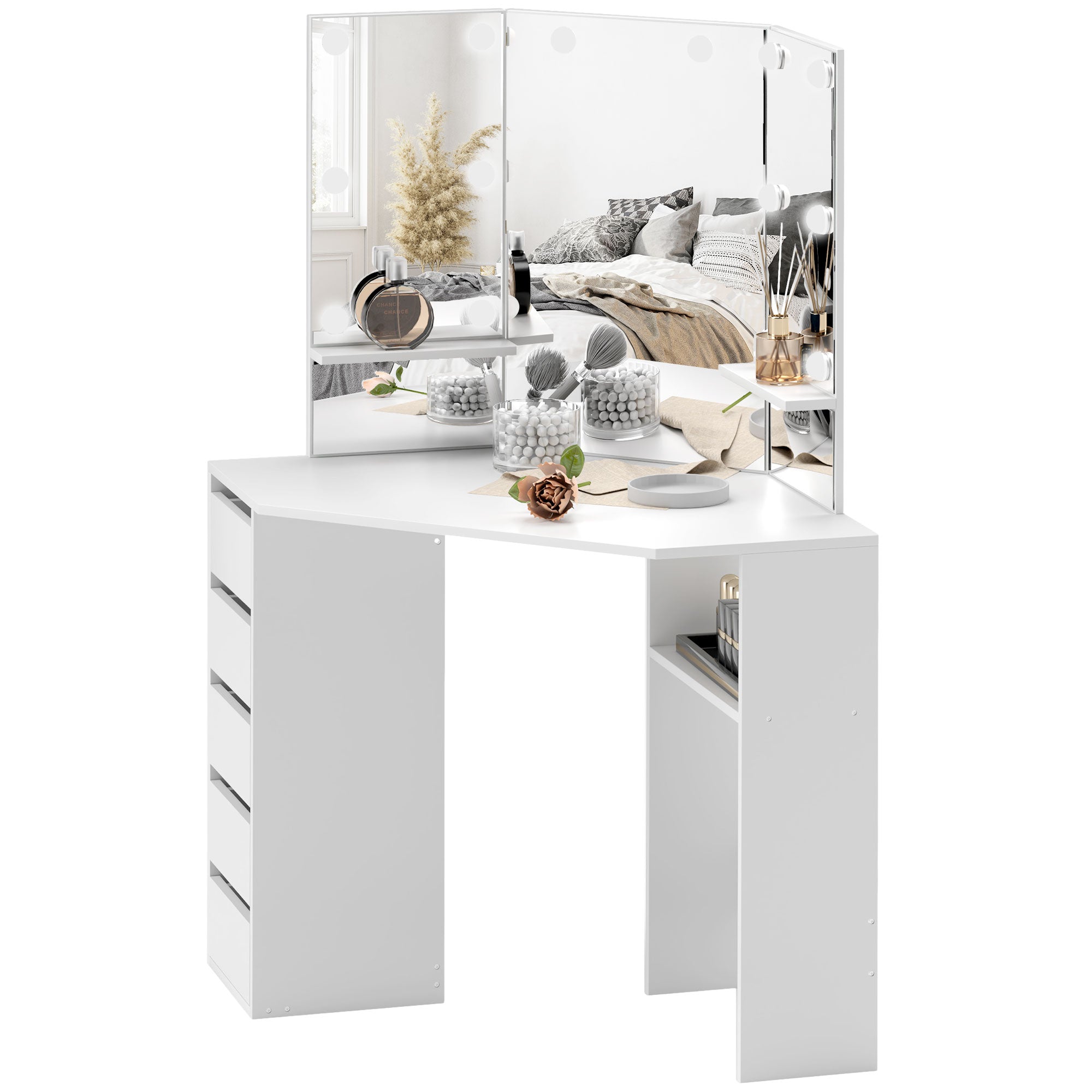 HOMCOM Makeup Vanity Desk with 3-Panel Mirror and 10 LED Lights, Dressing Table with 5 Drawers and Shelves for Bedroom, White