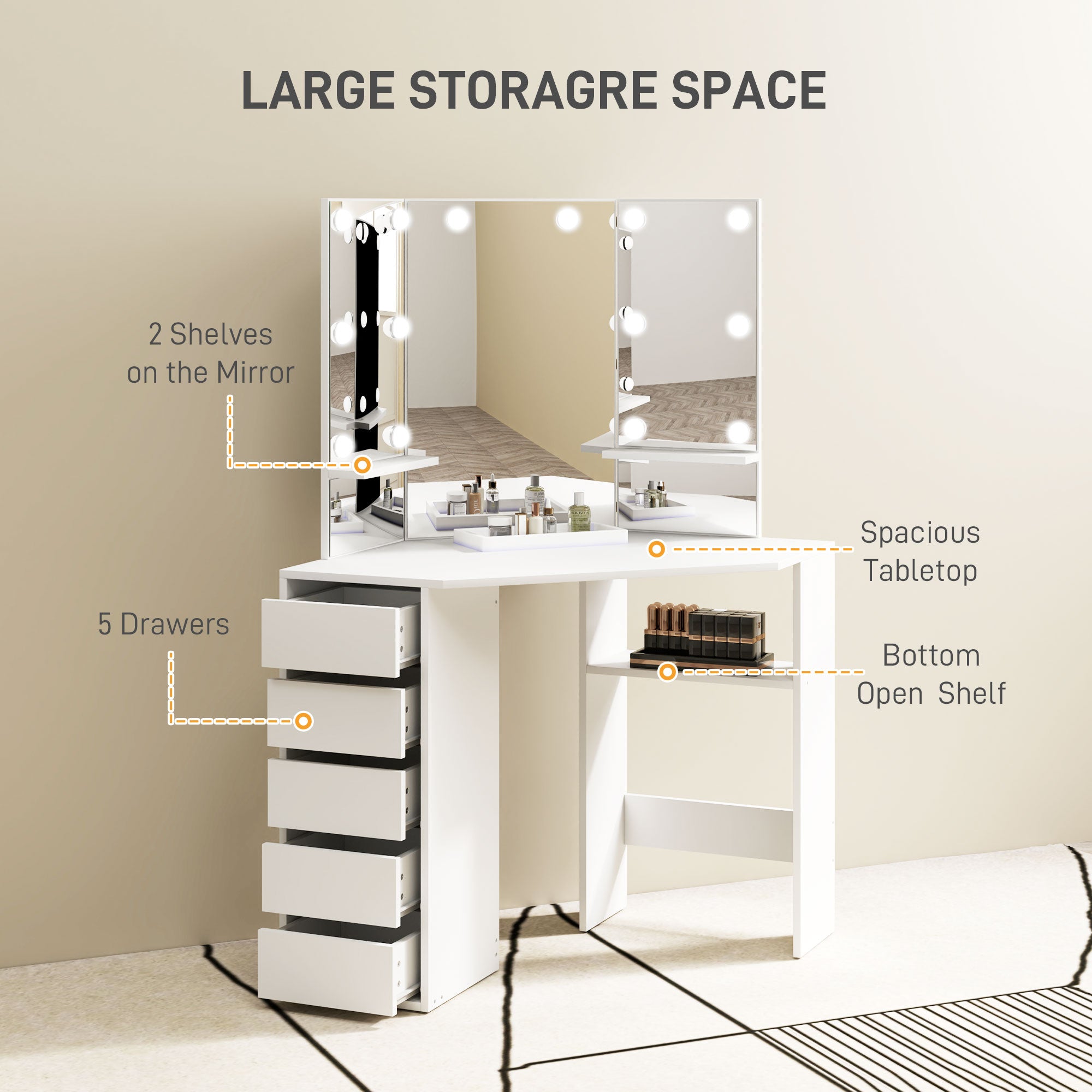 HOMCOM Makeup Vanity Desk with 3-Panel Mirror and 10 LED Lights, Dressing Table with 5 Drawers and Shelves for Bedroom, White