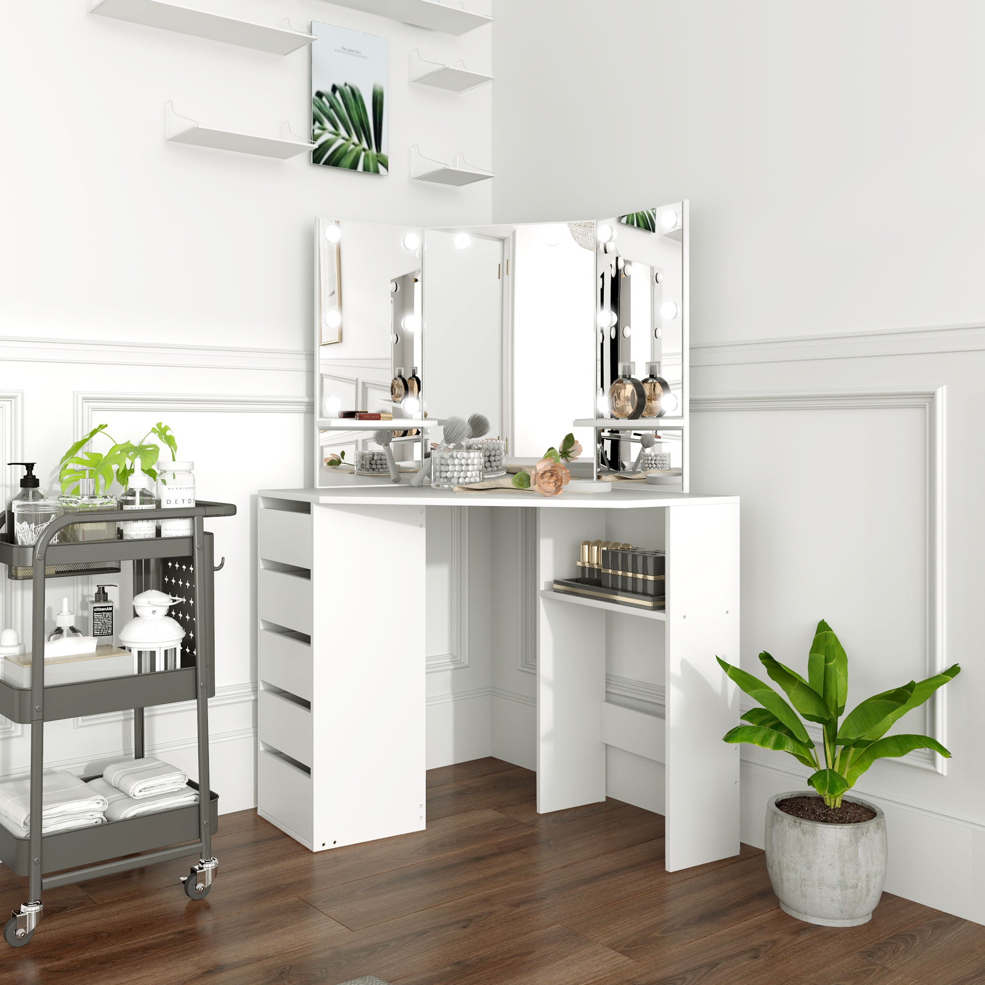 HOMCOM Makeup Vanity Desk with 3-Panel Mirror and 10 LED Lights, Dressing Table with 5 Drawers and Shelves for Bedroom, White