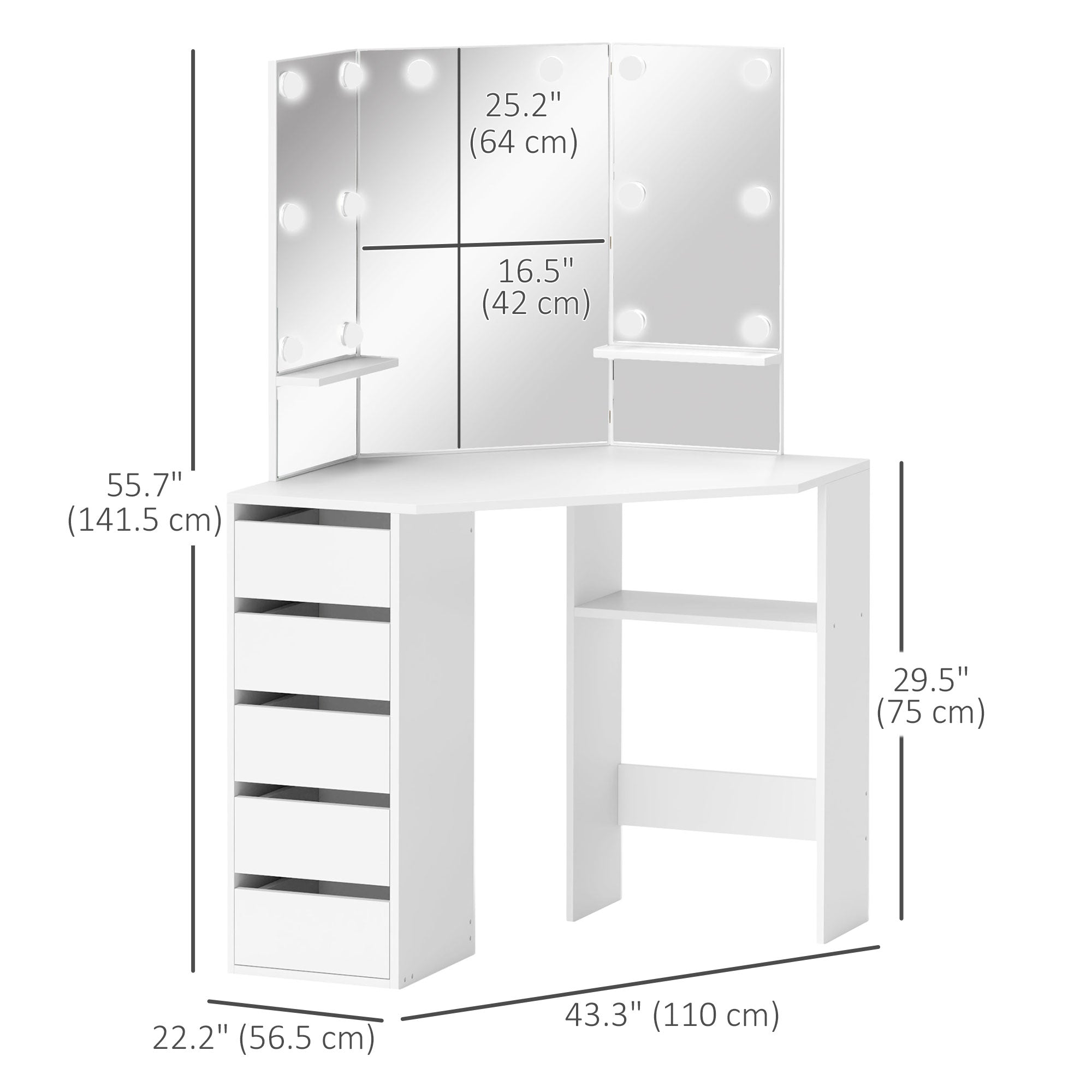 HOMCOM Makeup Vanity Desk with 3-Panel Mirror and 10 LED Lights, Dressing Table with 5 Drawers and Shelves for Bedroom, White