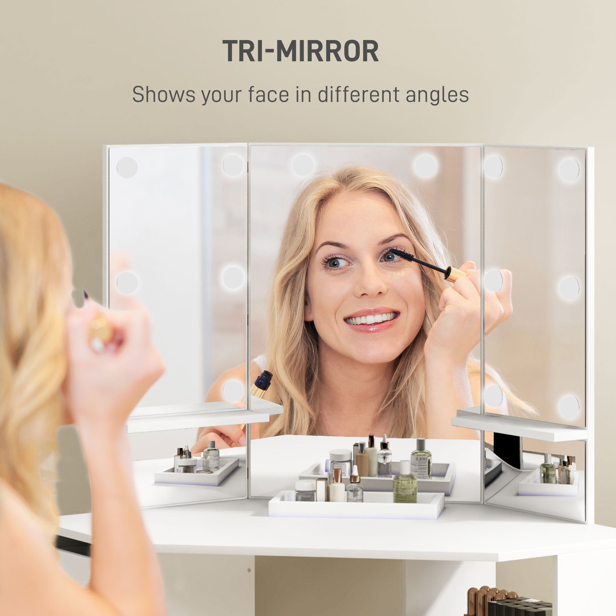 HOMCOM Makeup Vanity Desk with 3-Panel Mirror and 10 LED Lights, Dressing Table with 5 Drawers and Shelves for Bedroom, White