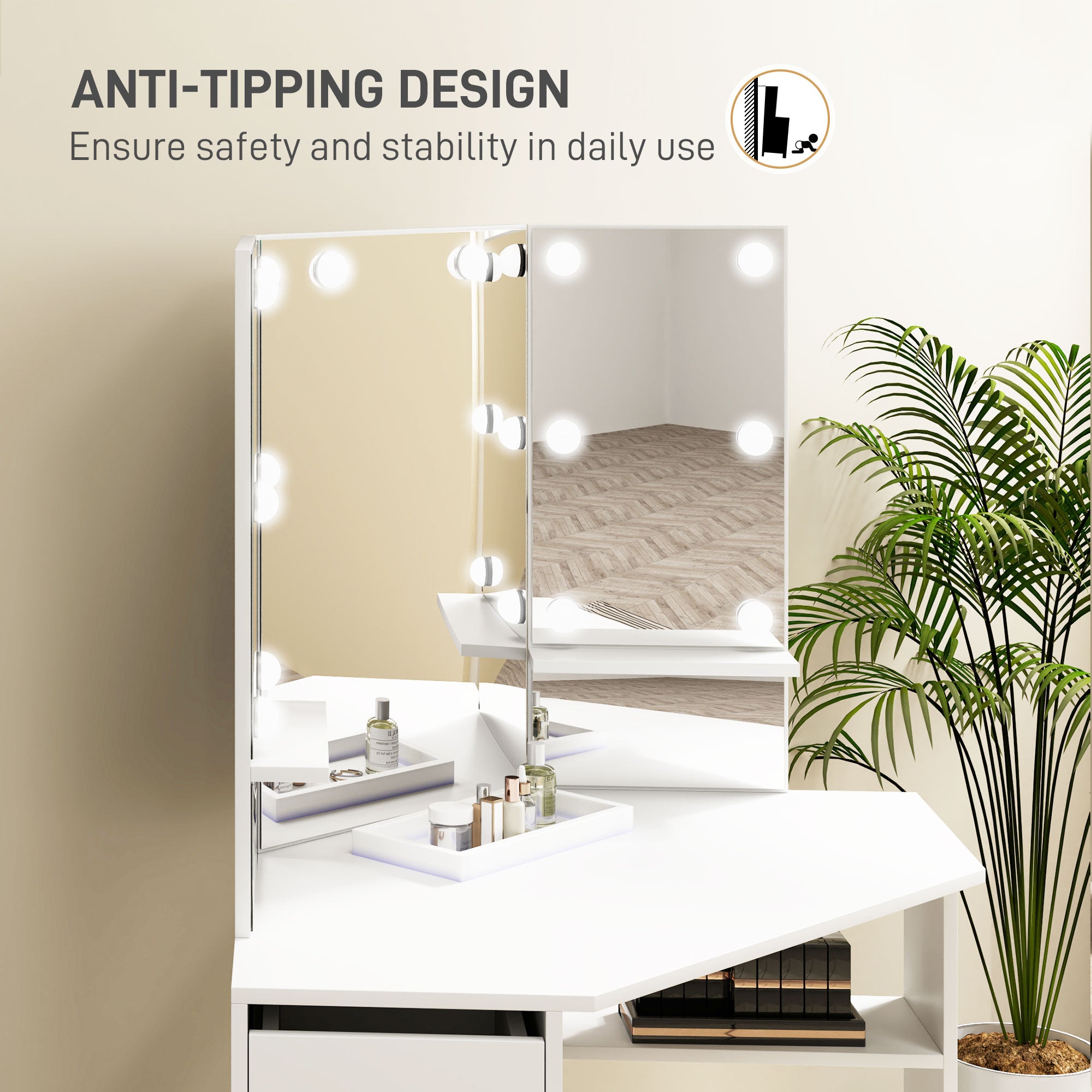 HOMCOM Makeup Vanity Desk with 3-Panel Mirror and 10 LED Lights, Dressing Table with 5 Drawers and Shelves for Bedroom, White