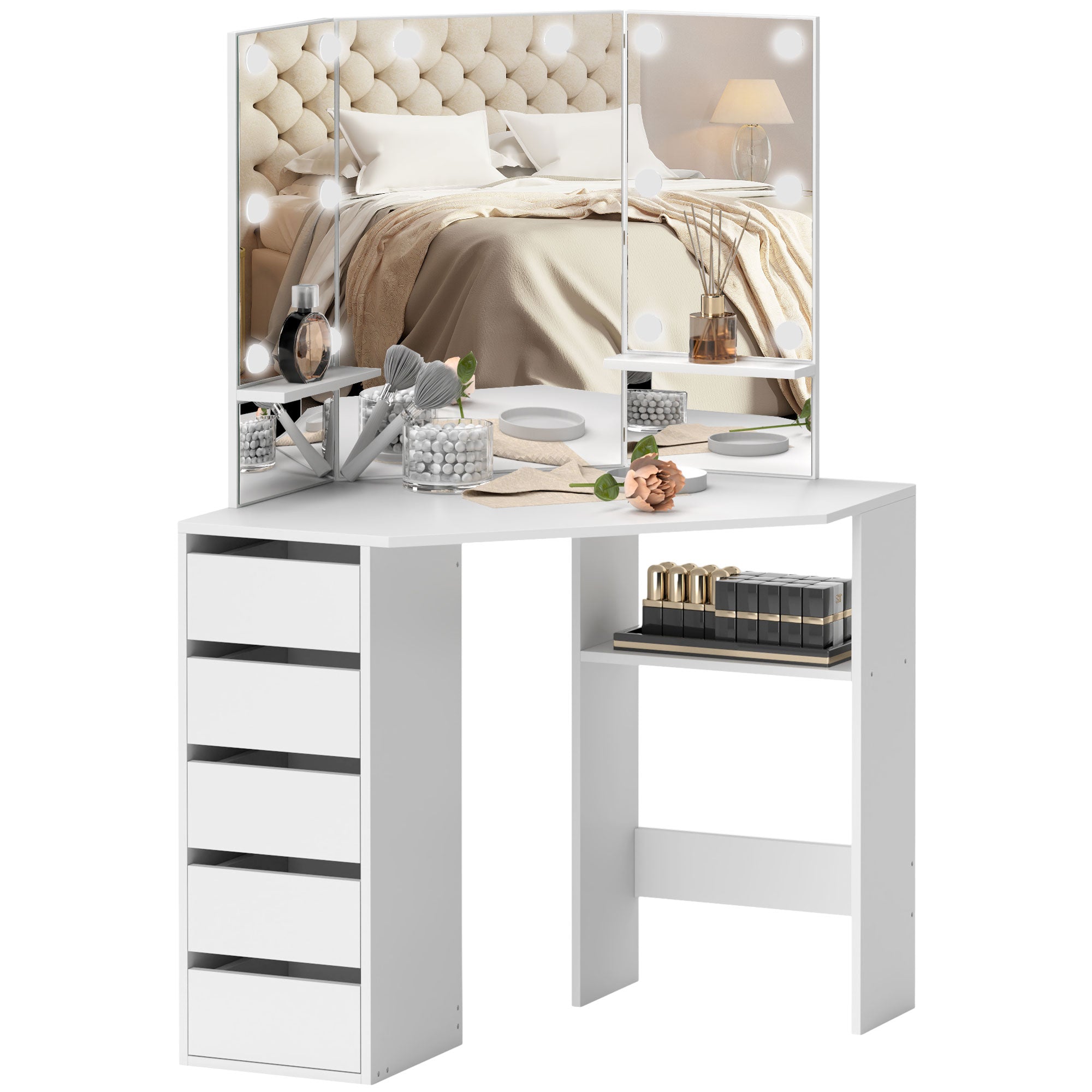 HOMCOM Makeup Vanity Desk with 3-Panel Mirror and 10 LED Lights, Dressing Table with 5 Drawers and Shelves for Bedroom, White