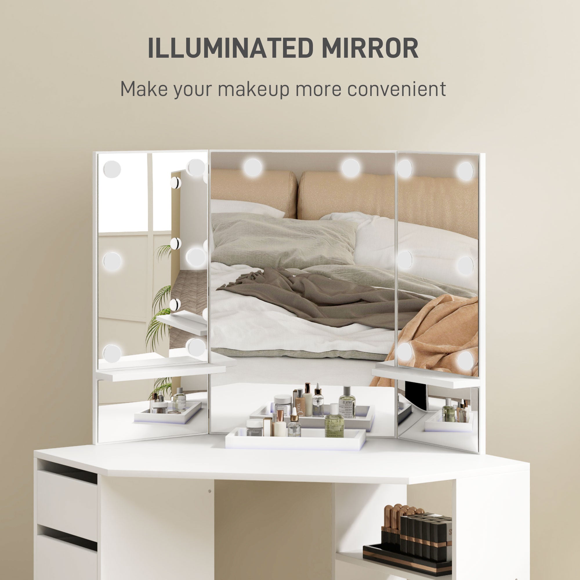 HOMCOM Makeup Vanity Desk with 3-Panel Mirror and 10 LED Lights, Dressing Table with 5 Drawers and Shelves for Bedroom, White